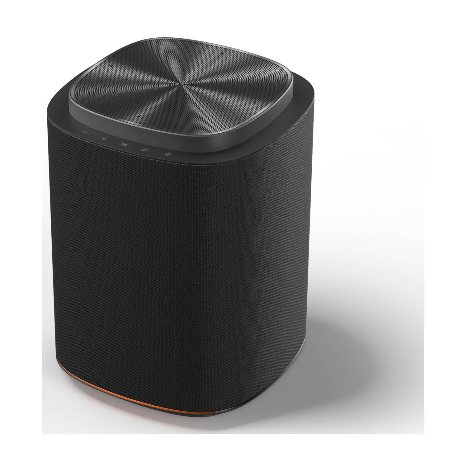 Un altoparlante cilindrico nero con coperchio metallico e accento di rame alla base.