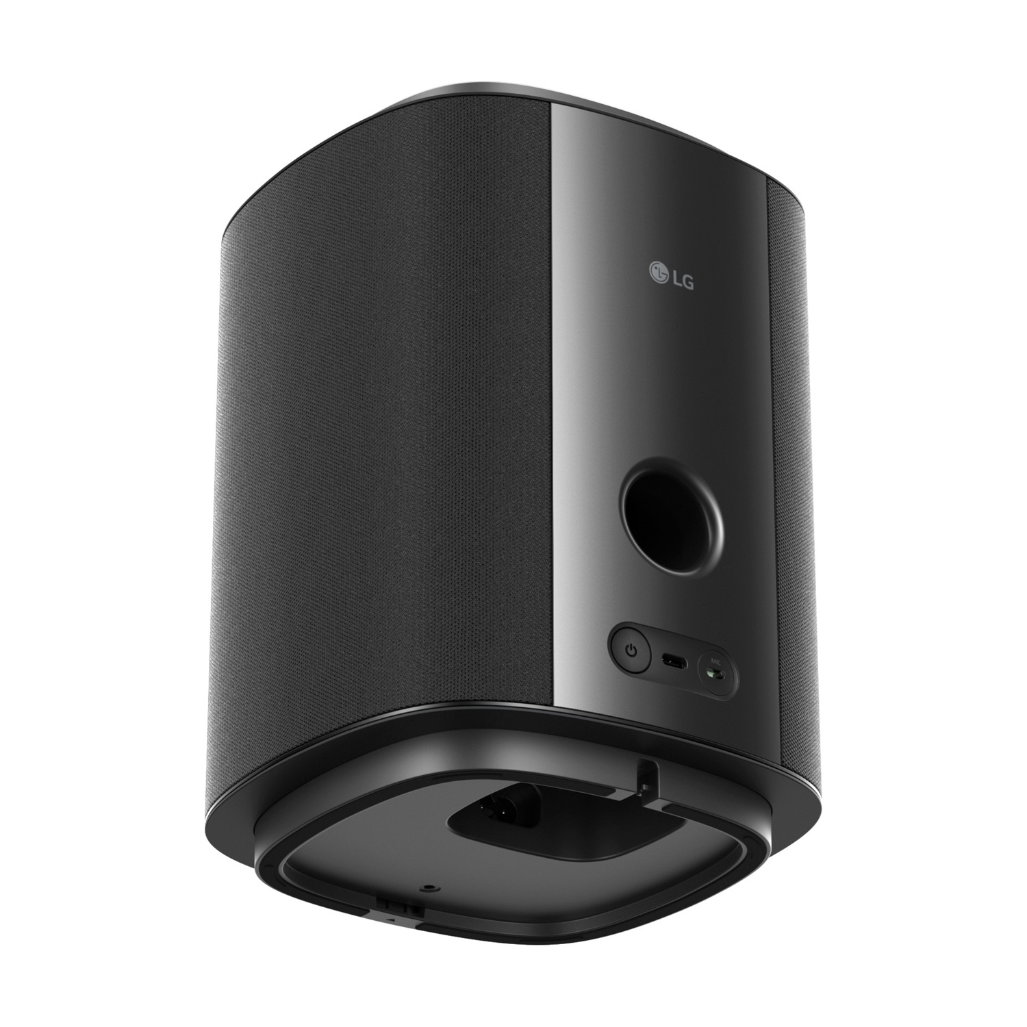 Subwoofer LG nero con griglia in tessuto, porta e controlli.