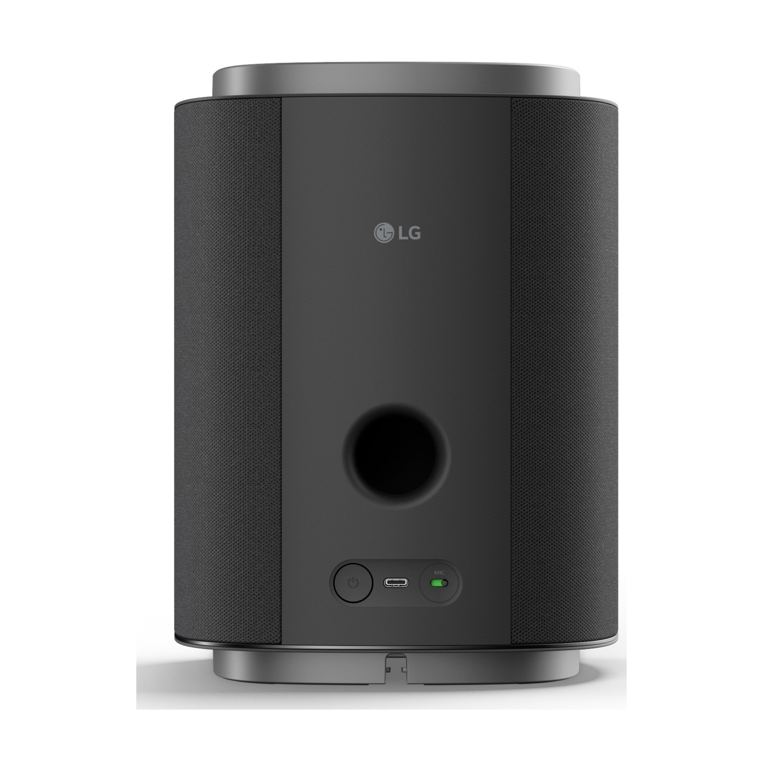 Vista posteriore di un altoparlante LG nero con porta bass reflex circolare e indicatore microfono.