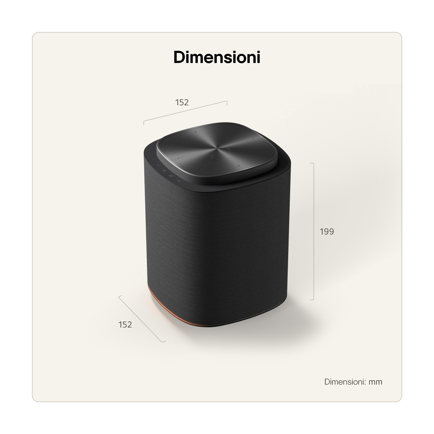 Altoparlante nero con dimensioni rotonde 152x152x199 mm.