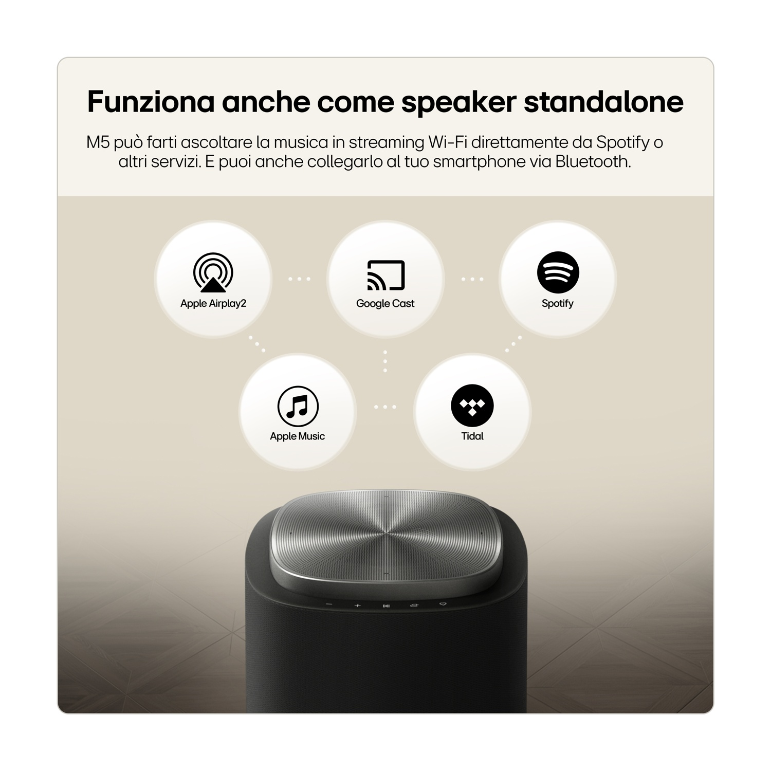 Un altoparlante nero con icone per Apple Airplay2, Google Cast, Spotify, Apple Music, Tidal.