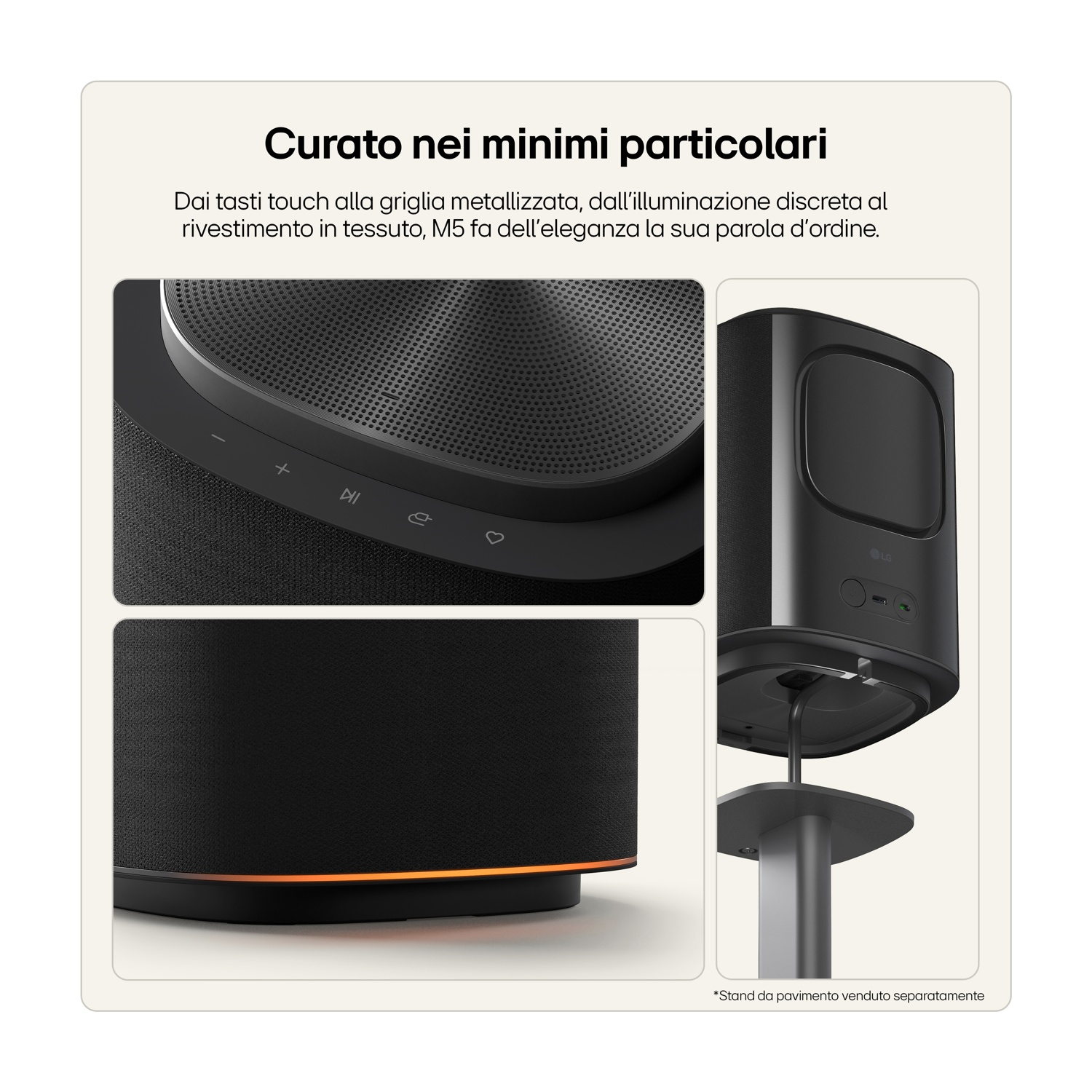 Altoparlante nero con tasti touch, griglia metallica e illuminazione d'accento.