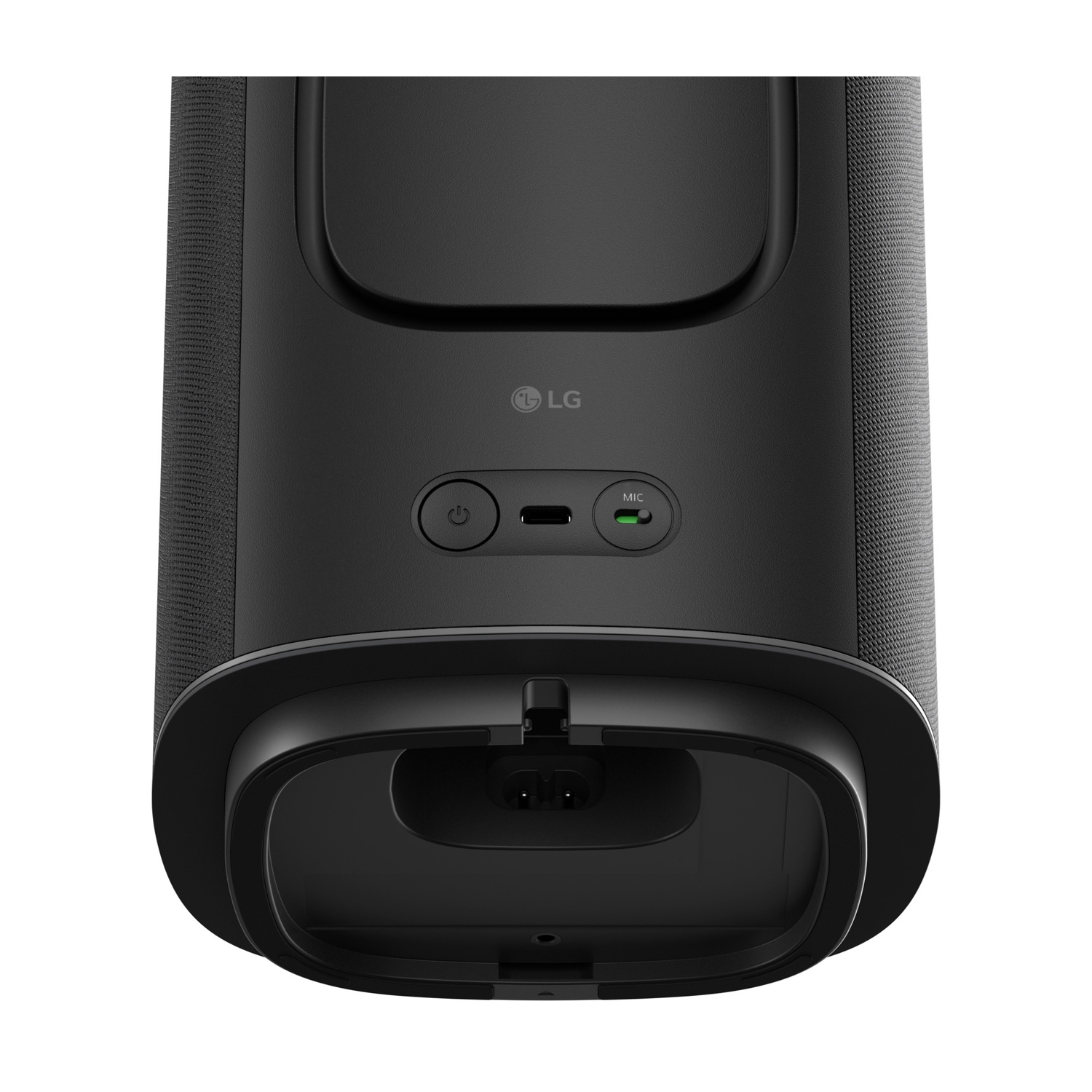 Altoparlante LG nero con porte e simbolo MIC.