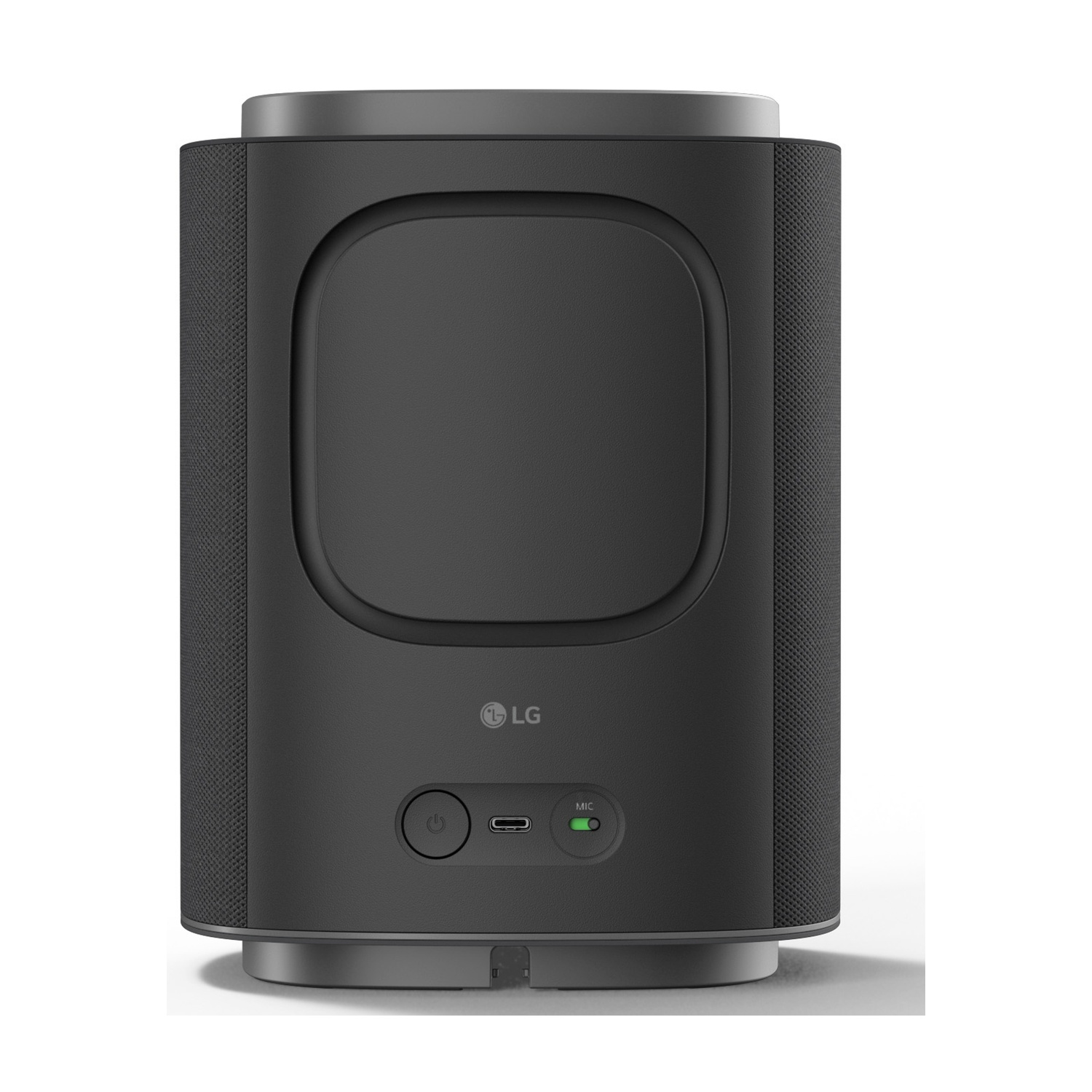 Altoparlante LG nero con pulsante di accensione, USB-C e indicatore microfono.