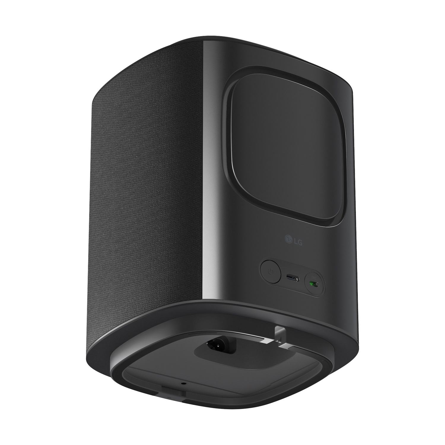 Un altoparlante LG nero con rivestimento in tessuto e pulsanti di controllo.