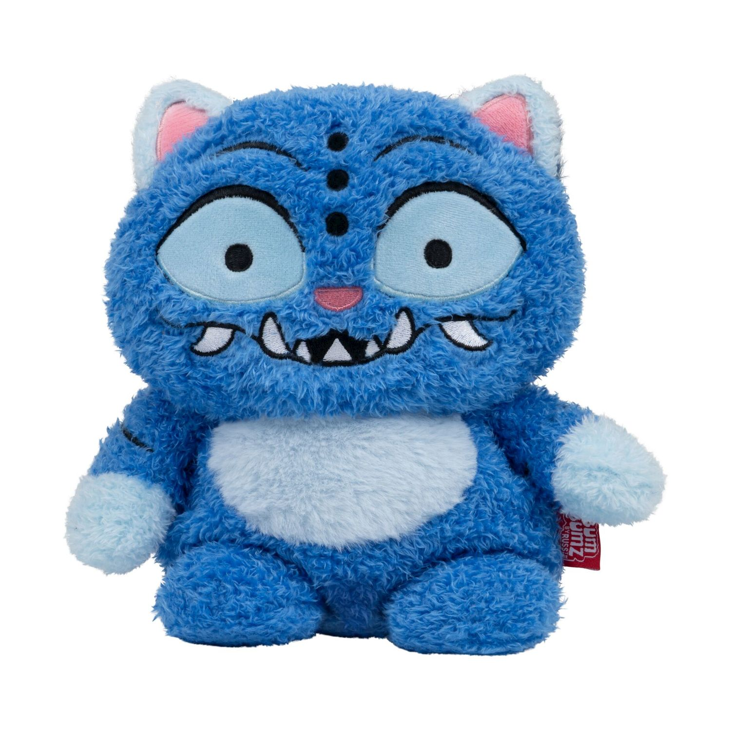 Un peluche mostro blu e soffice con occhi grandi e denti aguzzi.