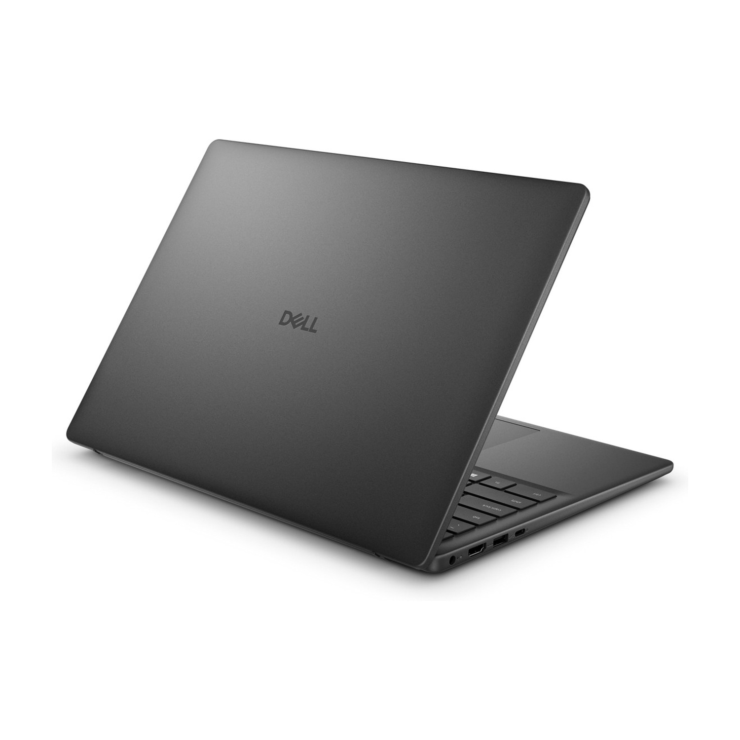 Un laptop Dell grigio scuro chiuso su sfondo bianco.