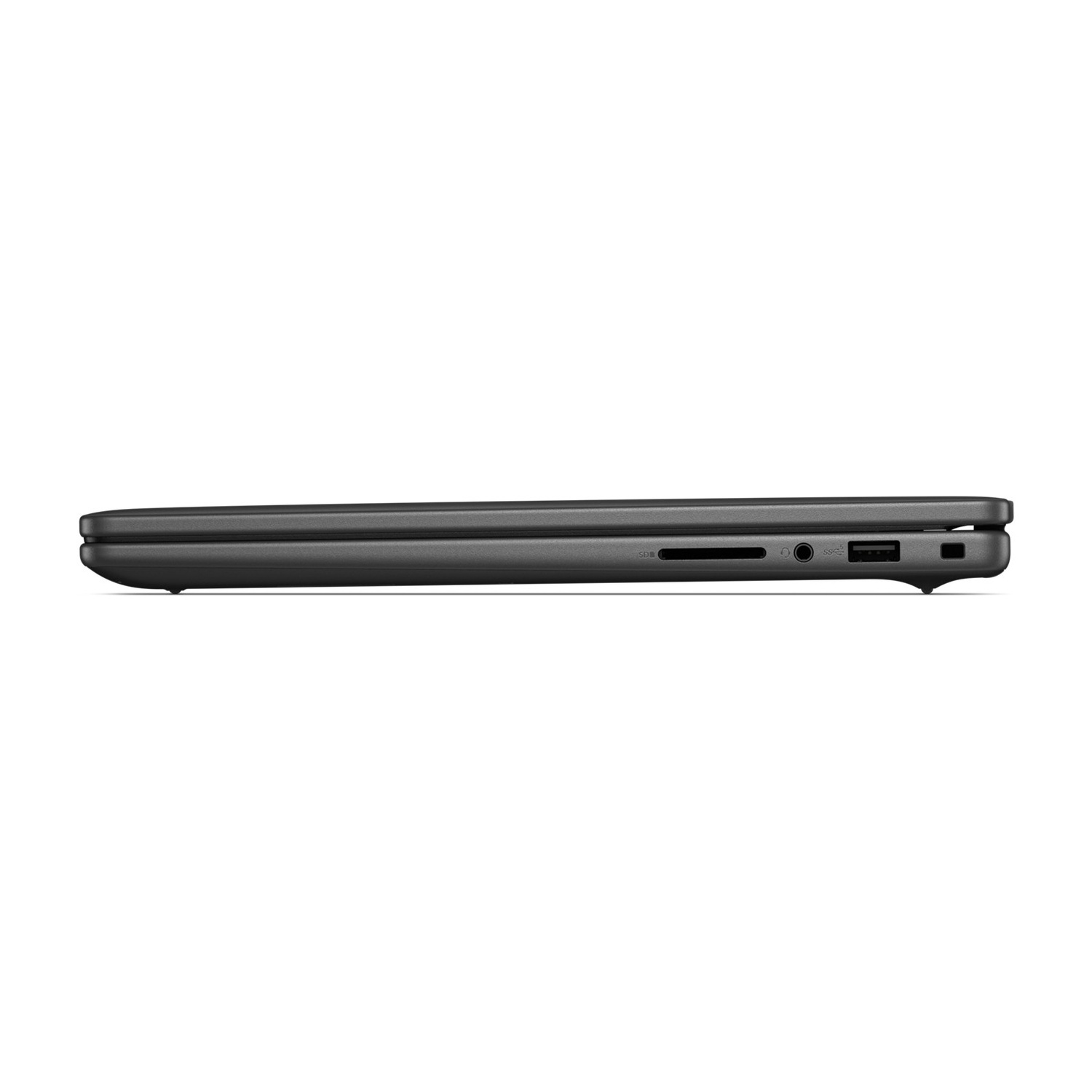Lato di un laptop nero con slot per schede SD, jack per cuffie e porta USB.