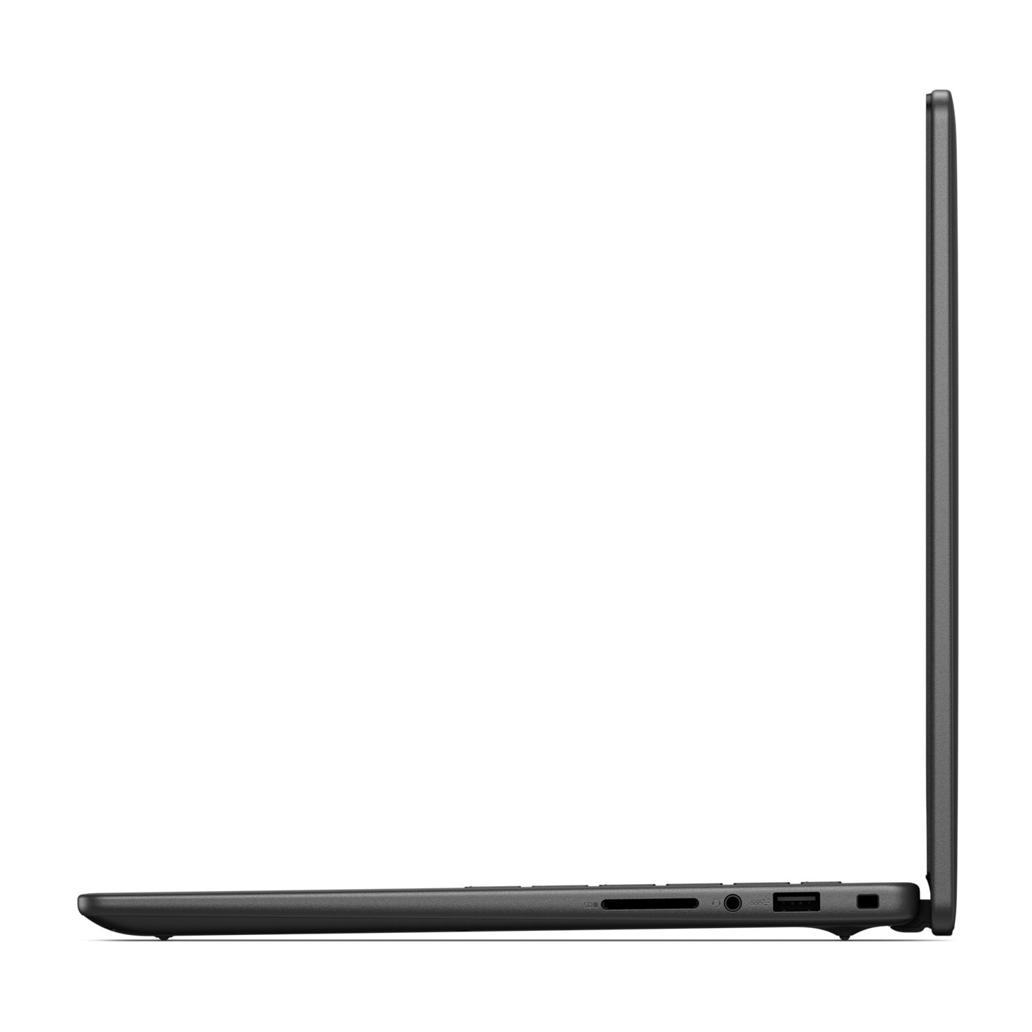 Vista laterale di un laptop scuro che mostra porte come lettore di schede SD e USB.