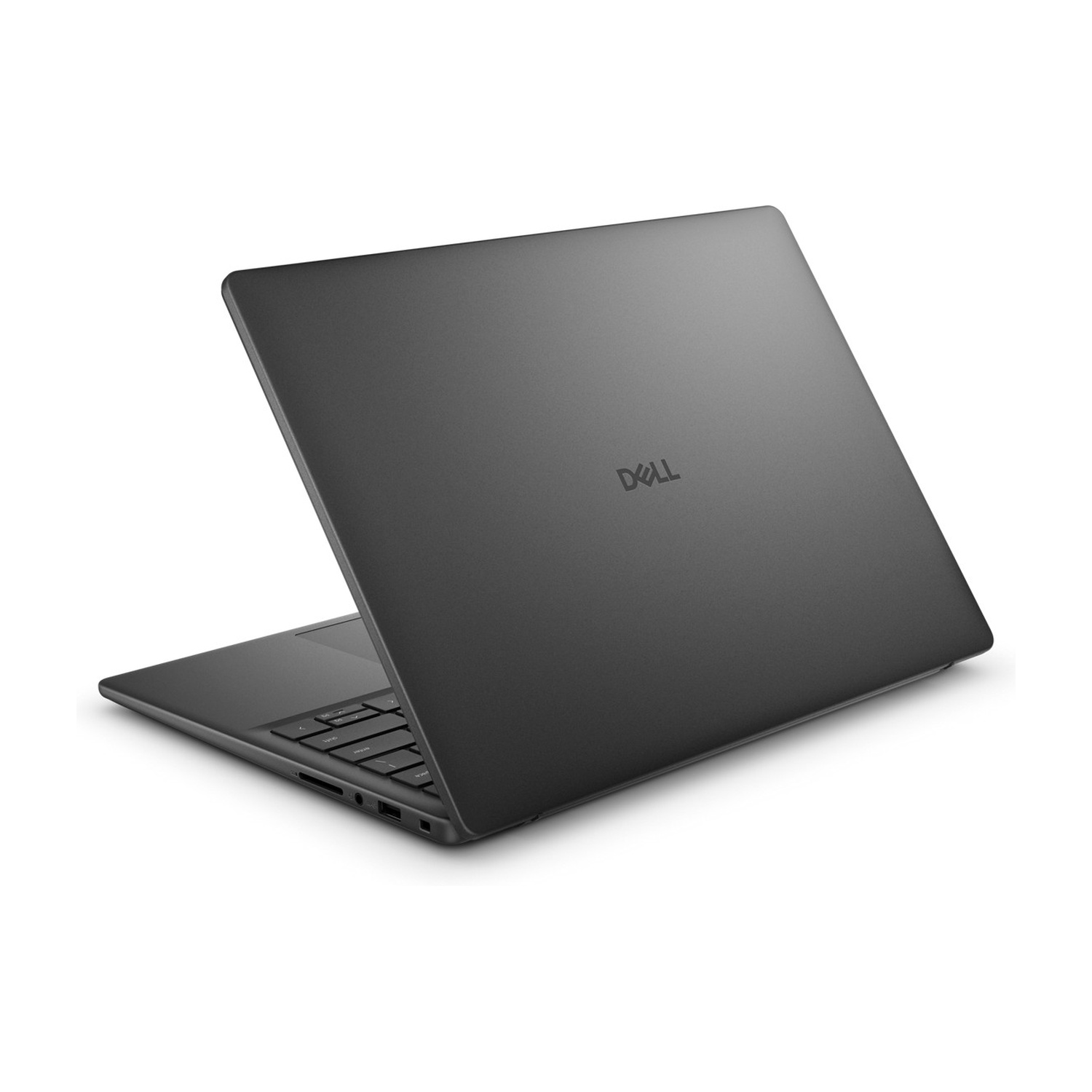 Un laptop Dell chiuso e scuro su sfondo bianco.