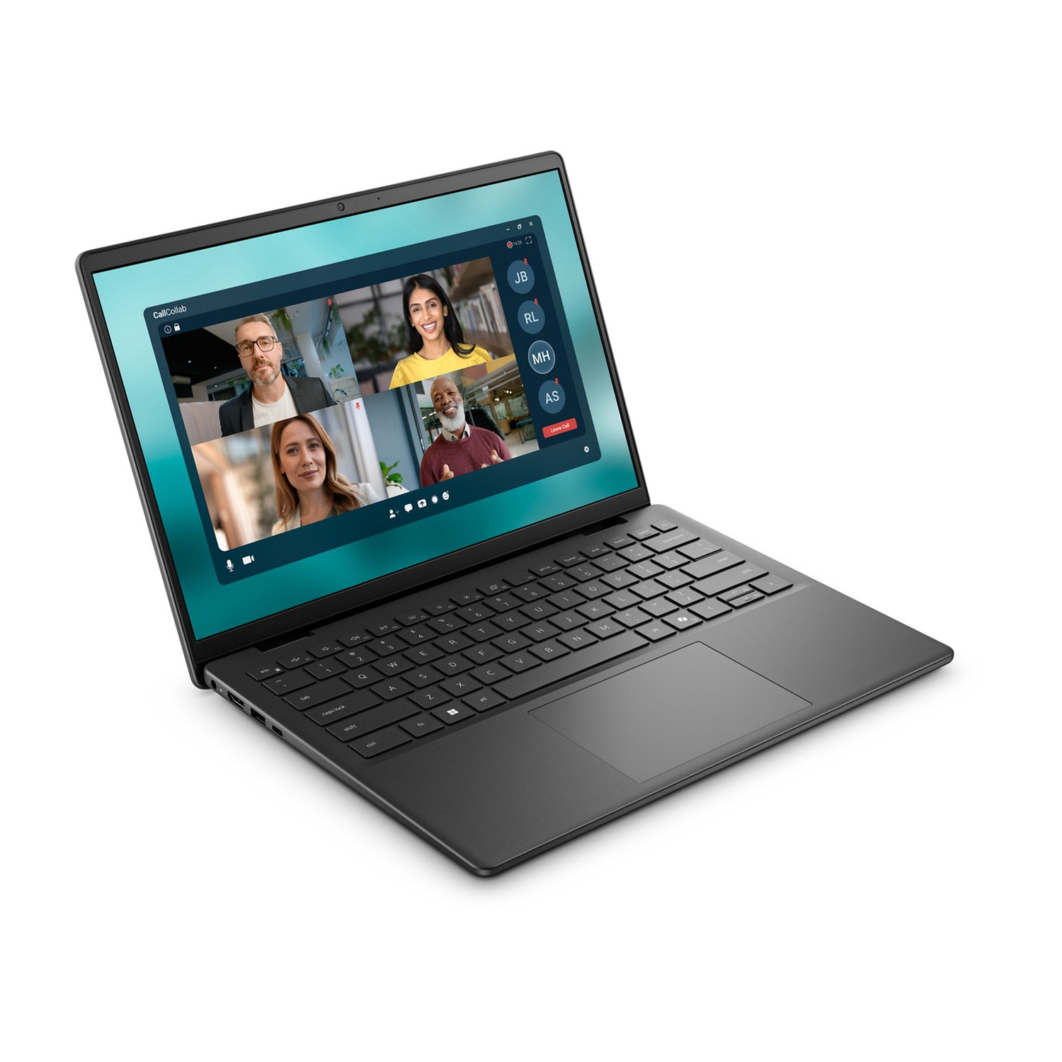 Un laptop nero mostra una videochiamata con quattro persone. Tastiera e touchpad visibili.