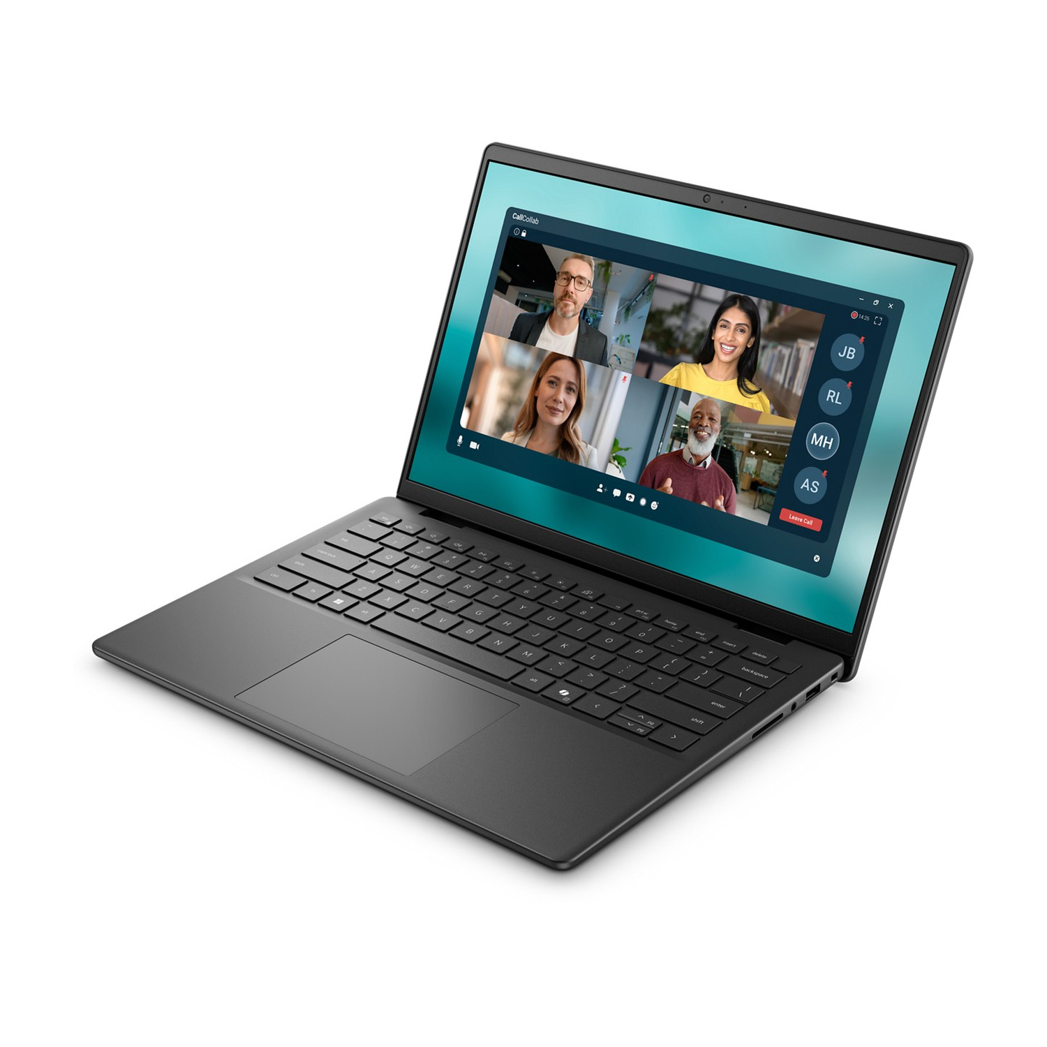 Un laptop nero mostra una videoconferenza con quattro partecipanti.