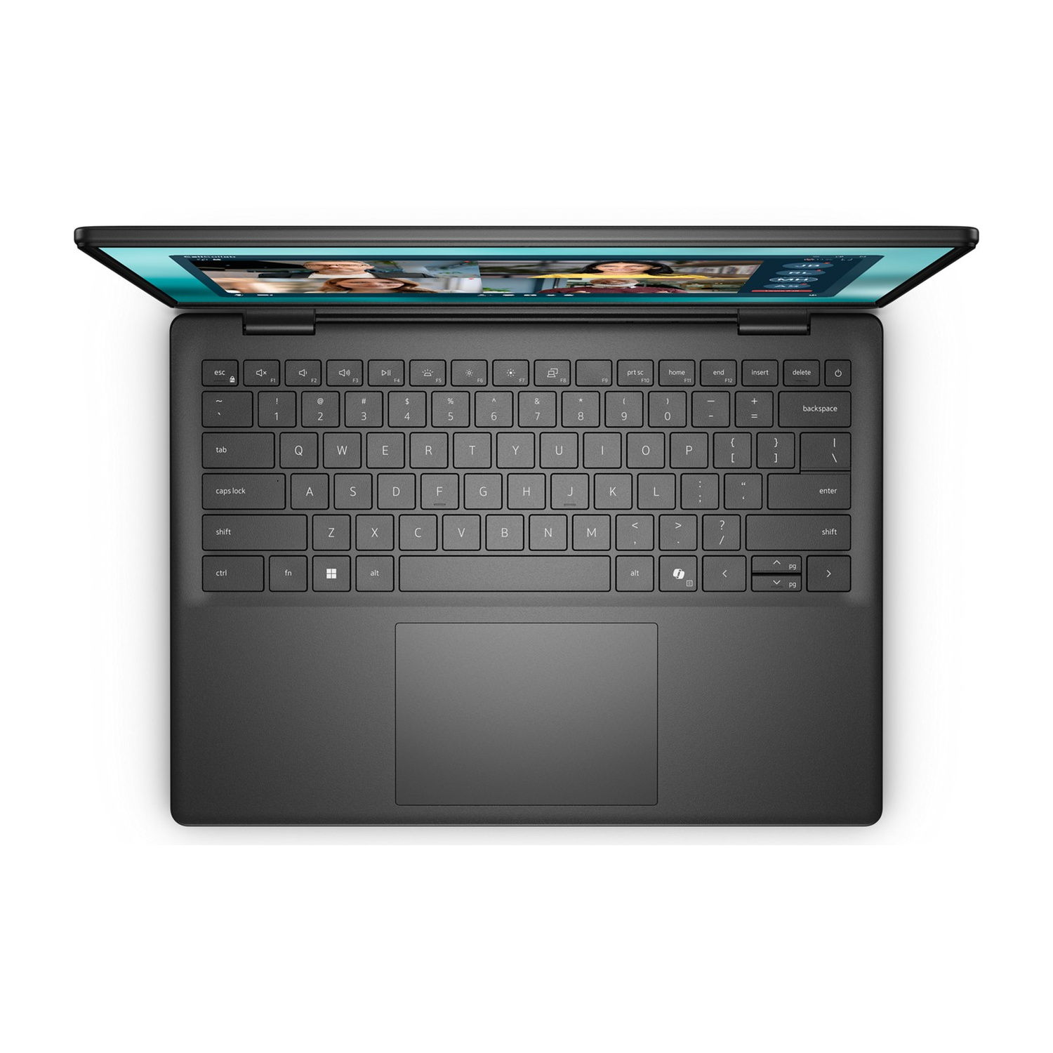 Un laptop nero con lo schermo aperto, che mostra un'immagine colorata. Vista dall'alto.