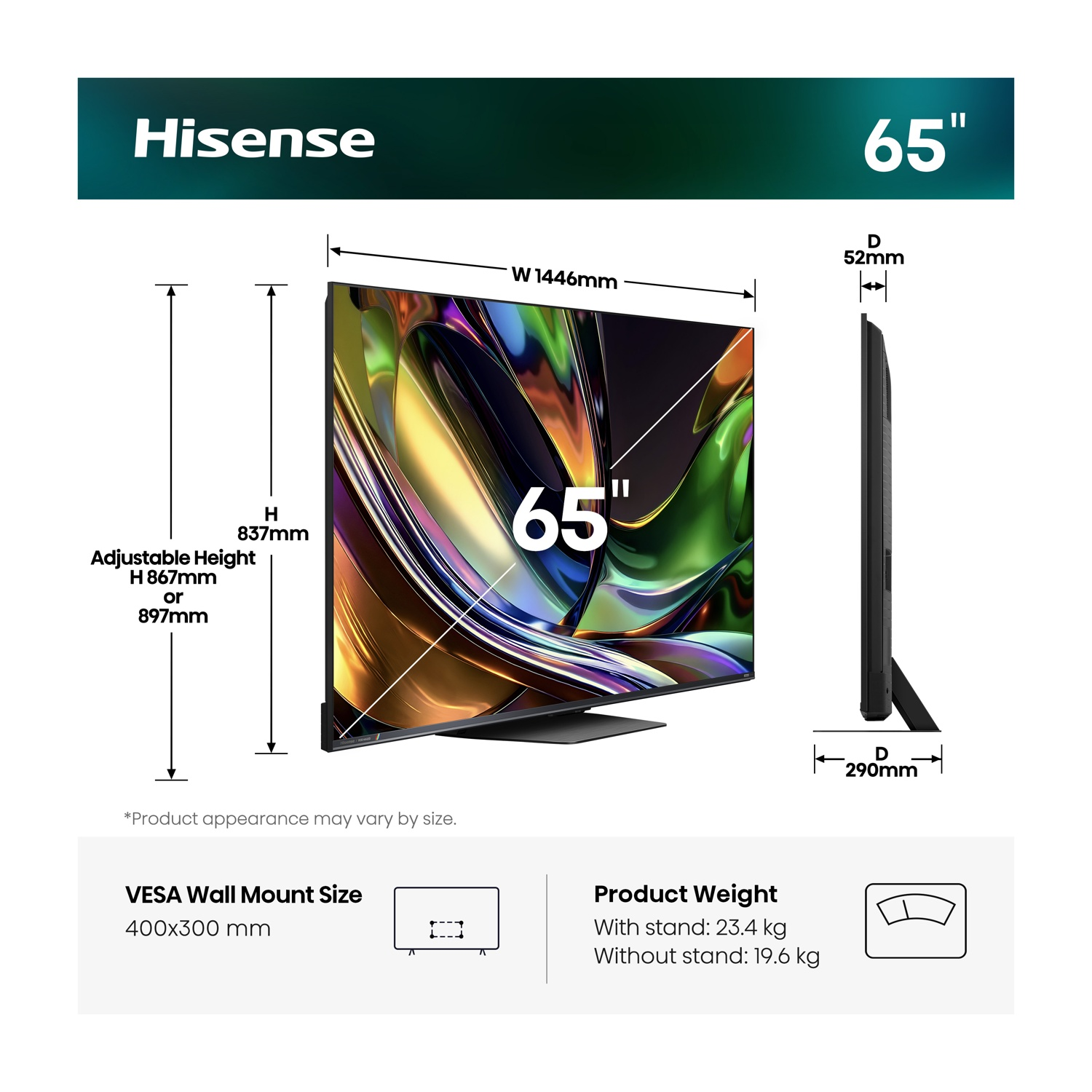 Specifiche TV Hisense 65": L 1446mm, A 837mm o 897mm, P 52mm/290mm. VESA 400x300mm. Peso 23,4/19,6kg.