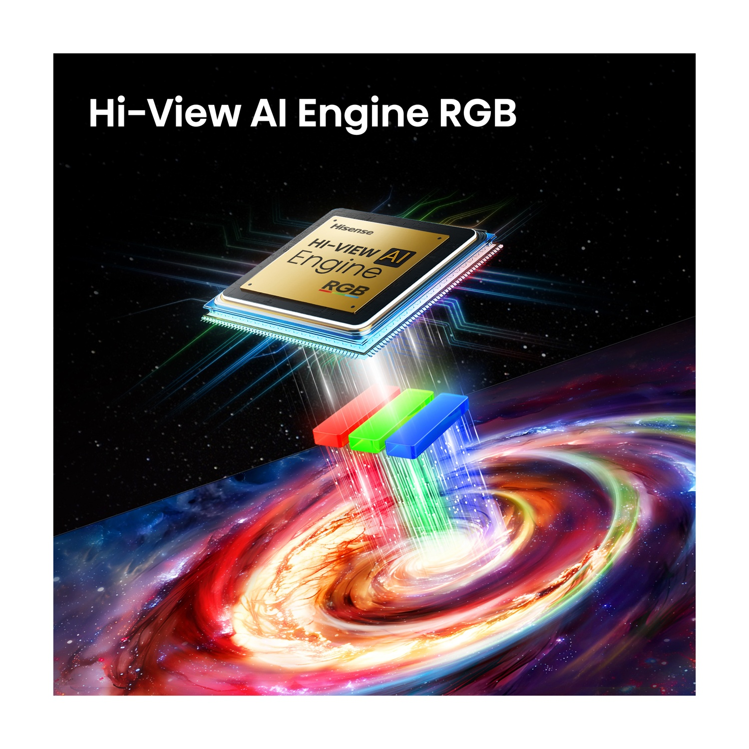 Un chip CPU con Hi-View AI Engine RGB su un display di nebulosa galattica.