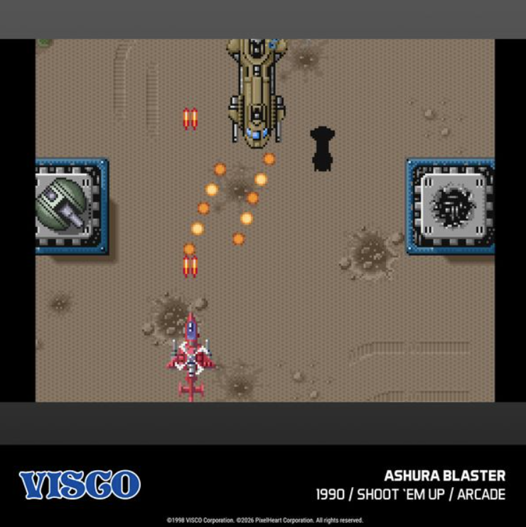 Pixel-Art-Raumschiff-Shooter. Spielerschiff feuert auf Gegner in einer Wüstenlandschaft.