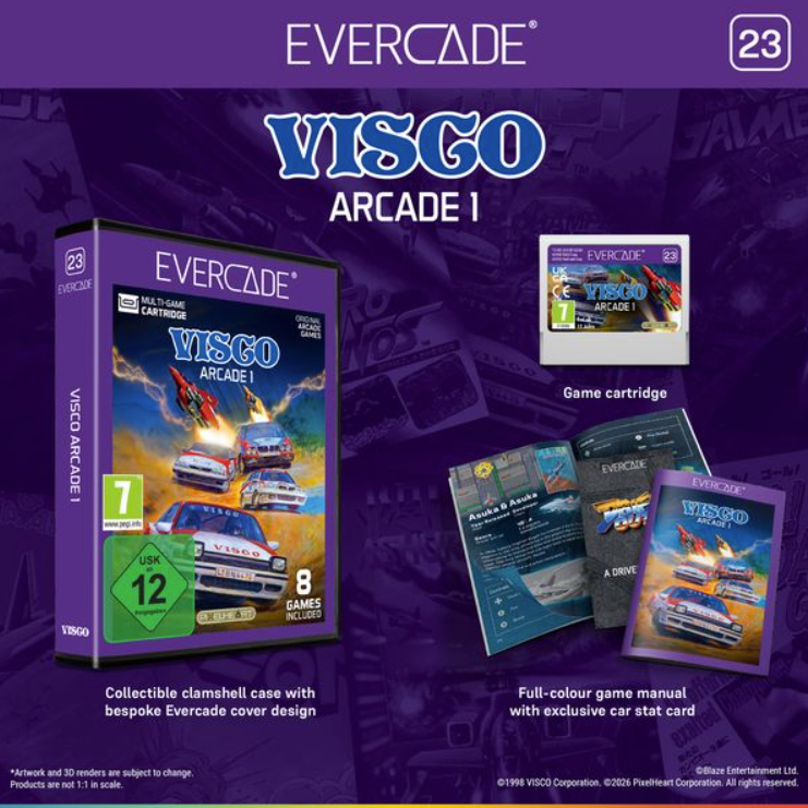 Evercade Visco Arcade 1 Spielverpackung, Kassette und Handbuch auf lila Hintergrund.
