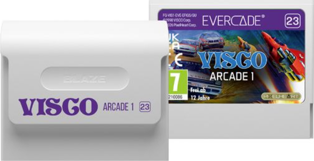 Zwei Evercade-Spielkassetten nebeneinander, eine weiße und eine mit Rennwagen-Motiv.