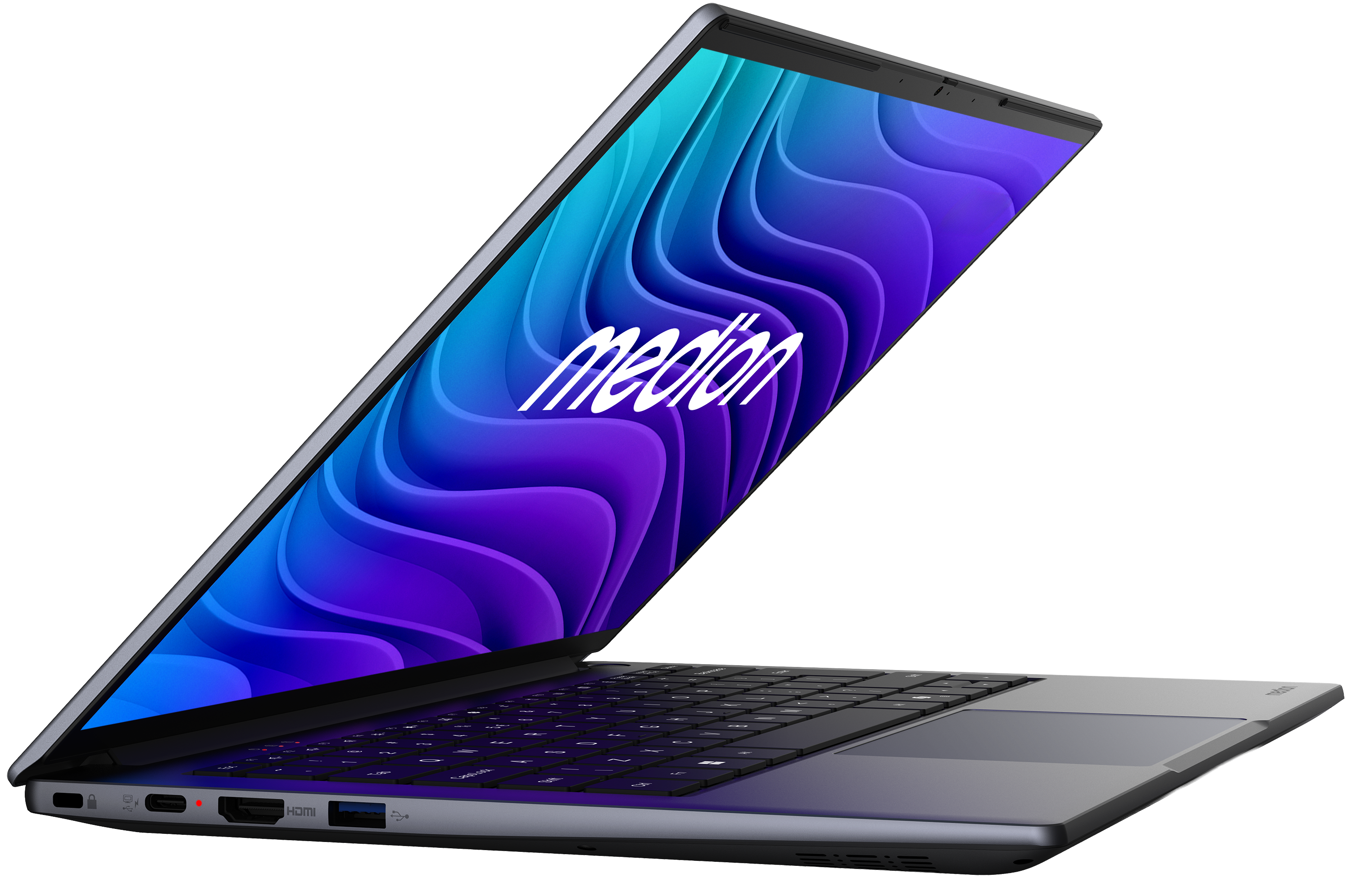 Ein silberner Laptop mit einem geschwungenen blauen und violetten Hintergrund auf dem Bildschirm.
