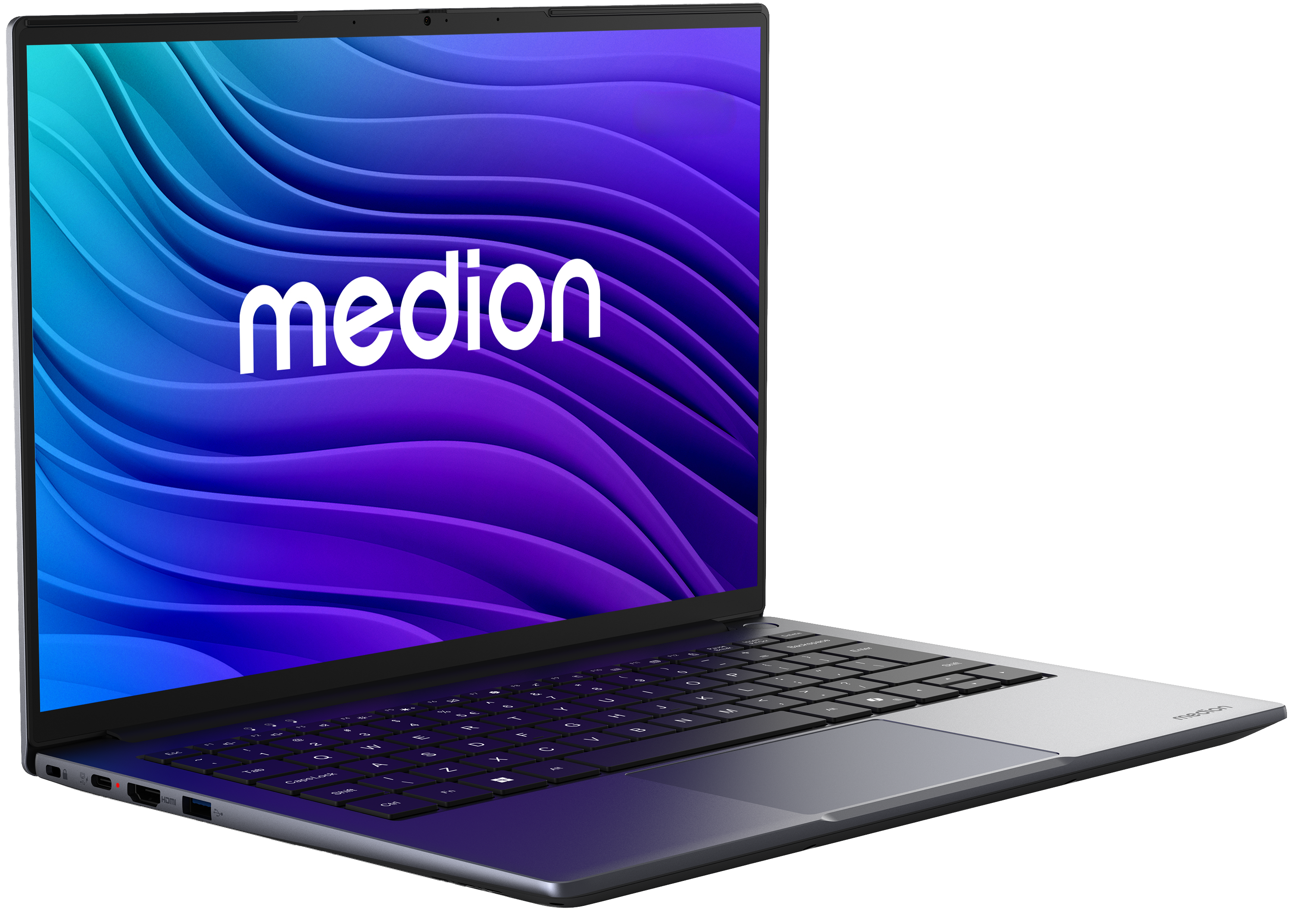 Ein offener Laptop mit blau-violetter Wellenmuster-Hintergrundgrafik und dem Medion-Logo.