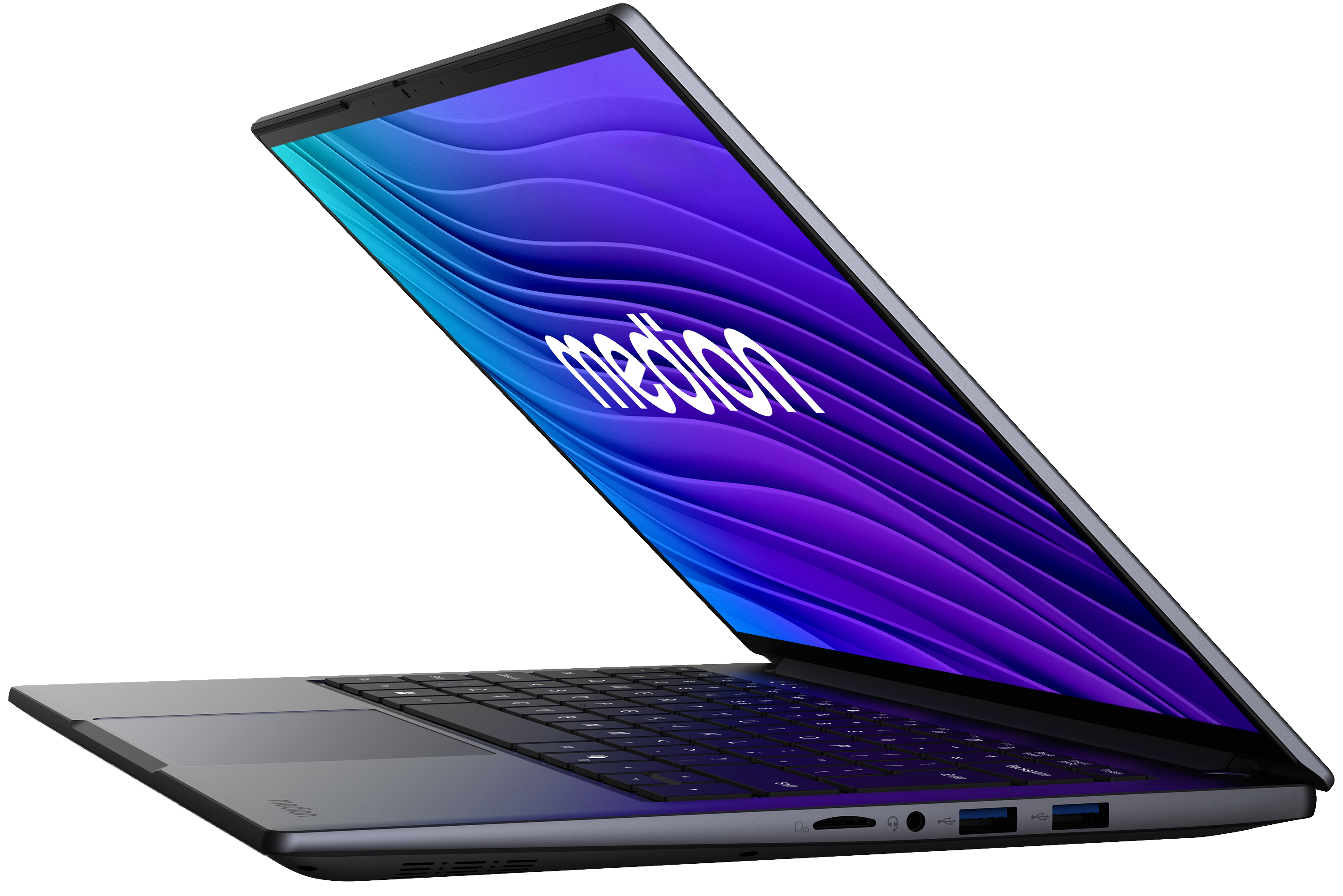 Ein geöffneter grauer Laptop mit Medion-Logo auf dem Bildschirm.