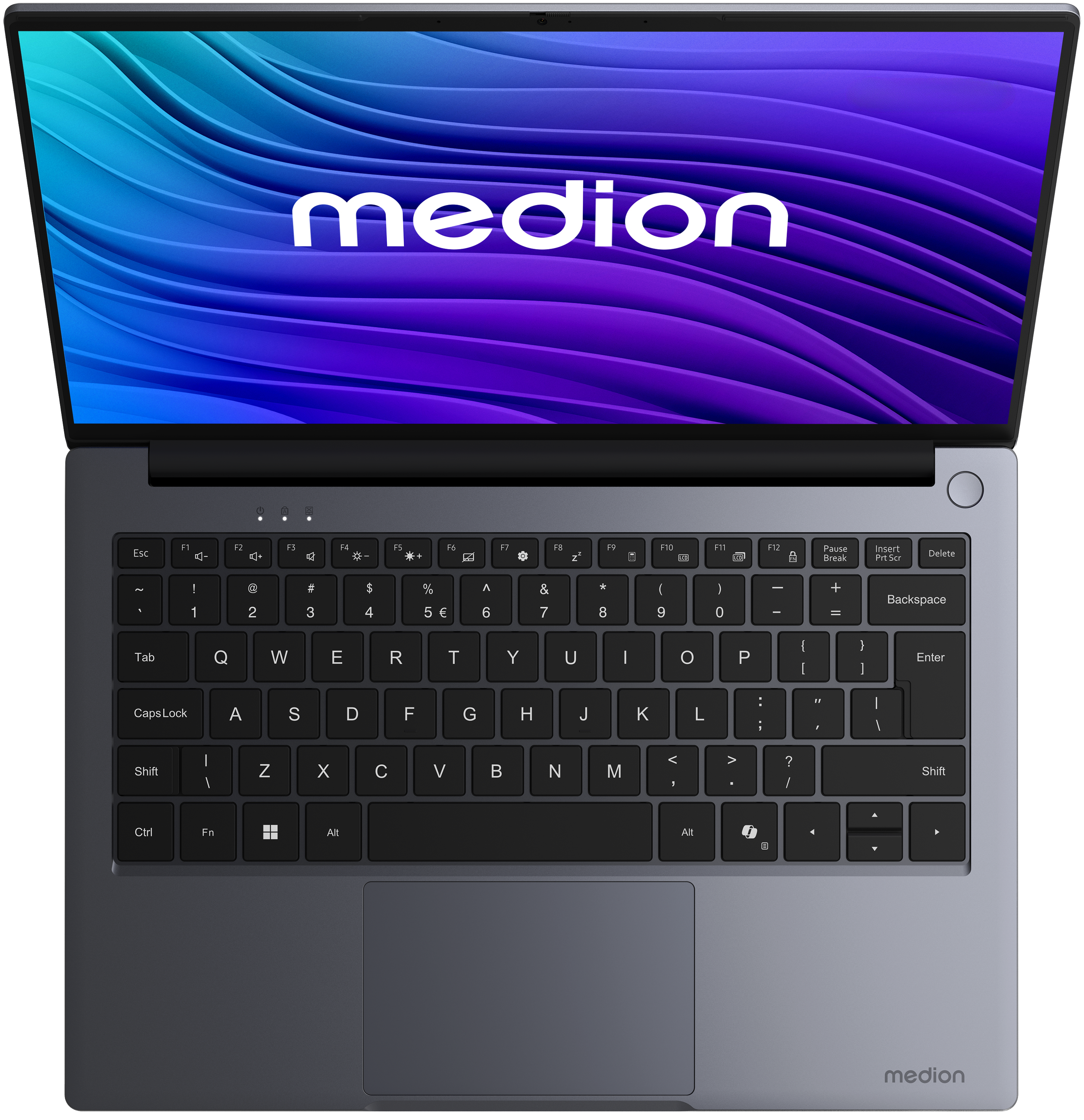 Ein offener Laptop mit dem Medion-Logo auf dem Bildschirm und einer grauen Tastatur.