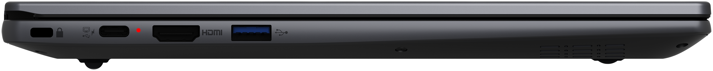 Seitenansicht eines Laptops mit Anschlüssen: Sicherheitsschloss, USB-C, HDMI, USB-A.