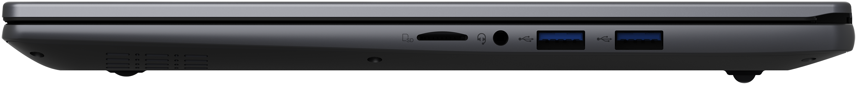 Seitenansicht eines grauen Laptops mit USB-, Kopfhörer- und SD-Kartenanschlüssen.
