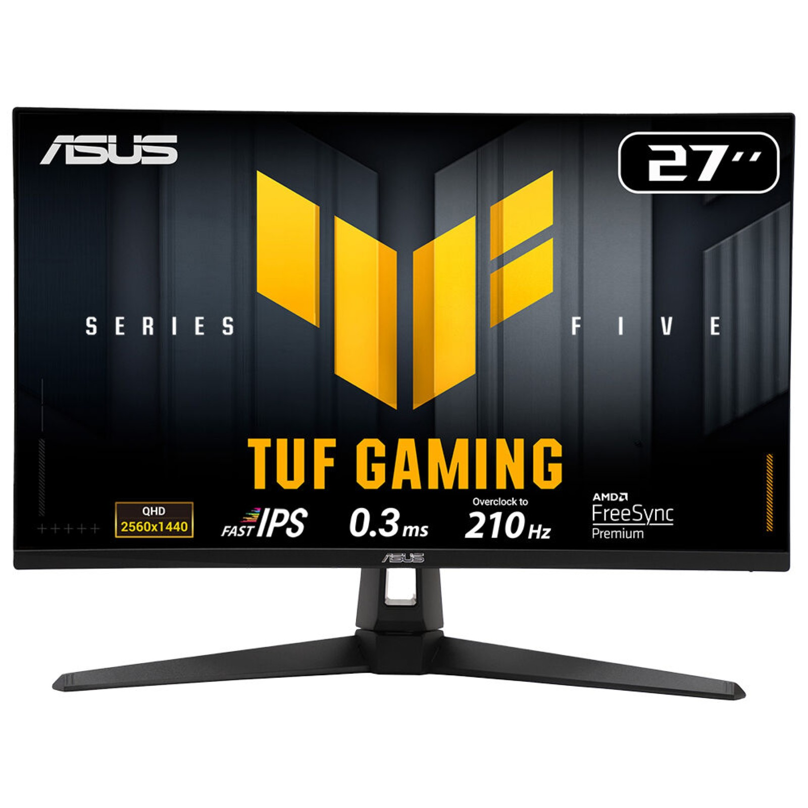 27-calowy monitor gamingowy Asus z żółtymi akcentami i oznaczeniem "TUF GAMING".