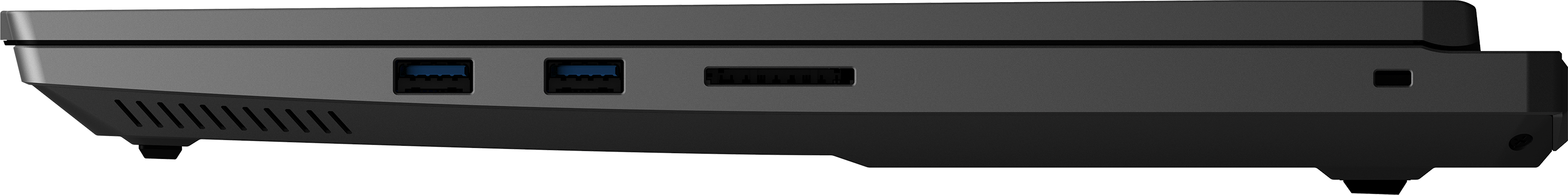 Graues Laptop-Gehäuse mit USB-Anschlüssen und Lüftungsschlitzen.