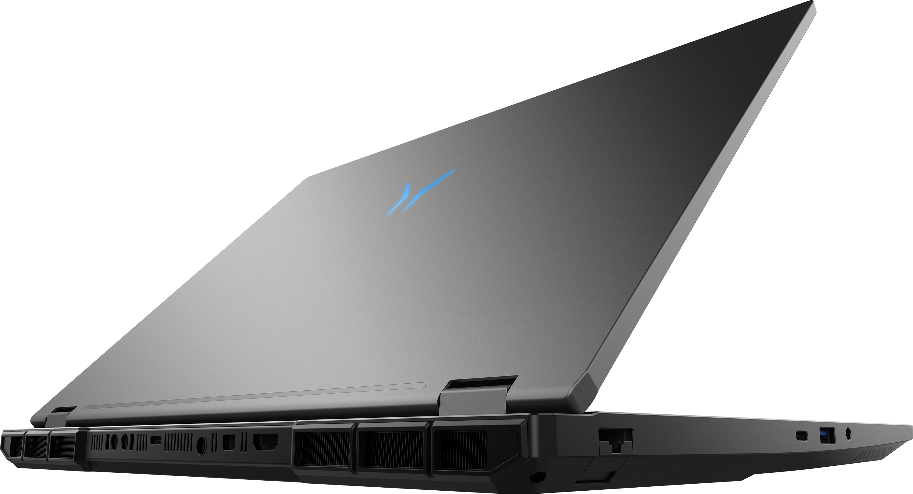 Ein graues Laptop mit blauem Logo, auf schwarzem Hintergrund.