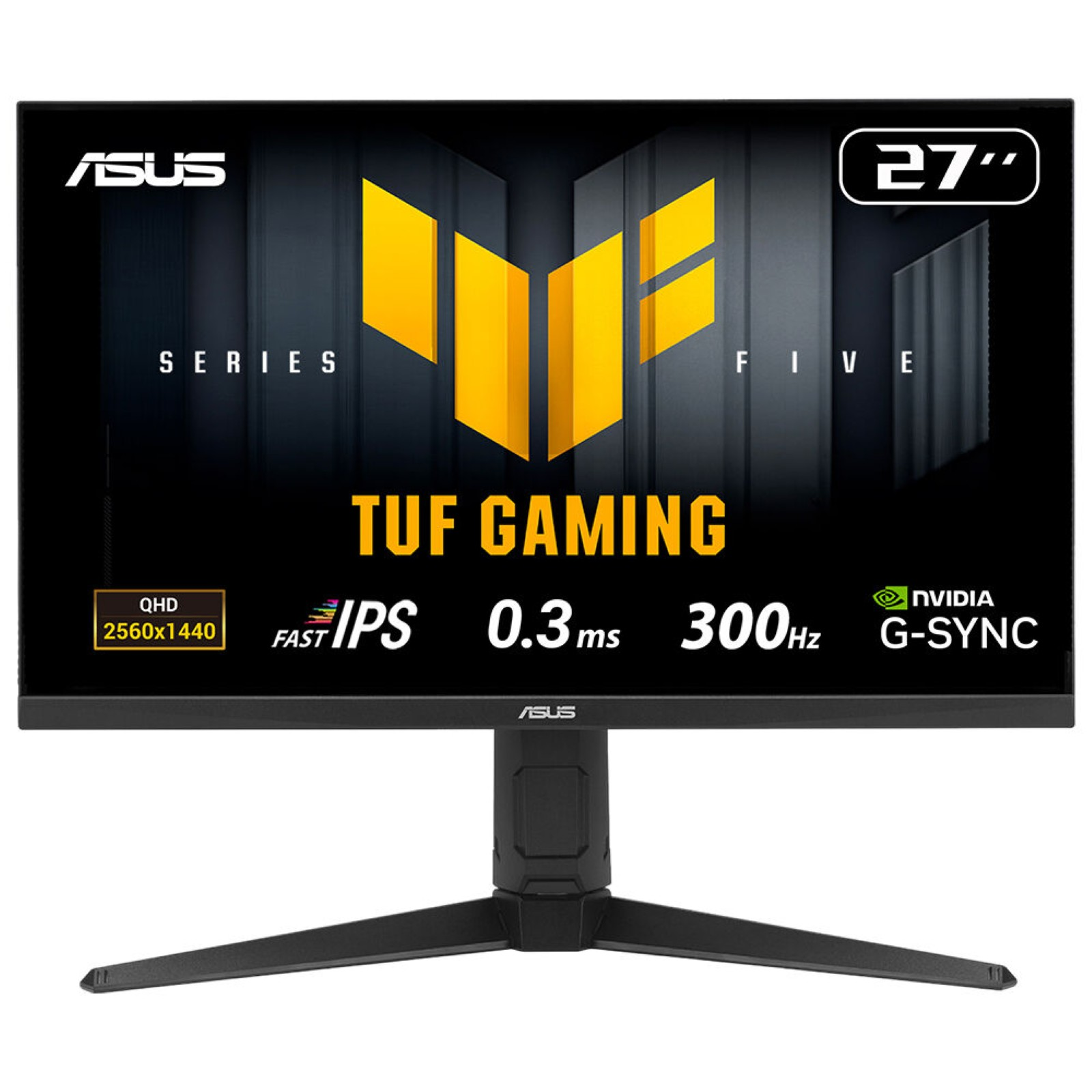 Ein schwarzer ASUS TUF Gaming 27-Zoll-Monitor mit silbernem Standfuß.