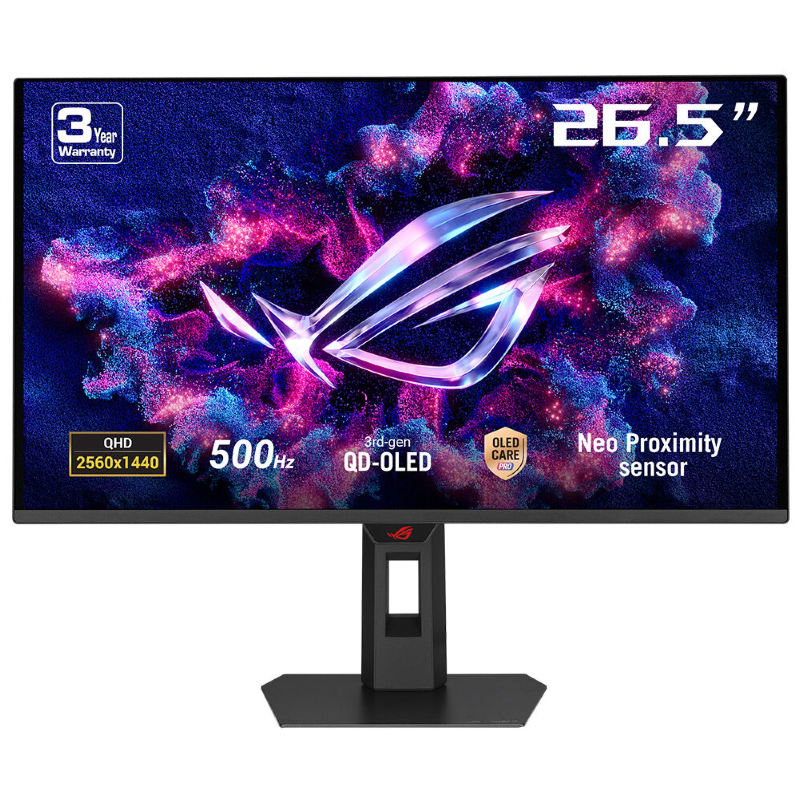 Monitor QD-OLED 26,5" QHD 500Hz z 3-letnią gwarancją i czujnikiem zbliżeniowym.