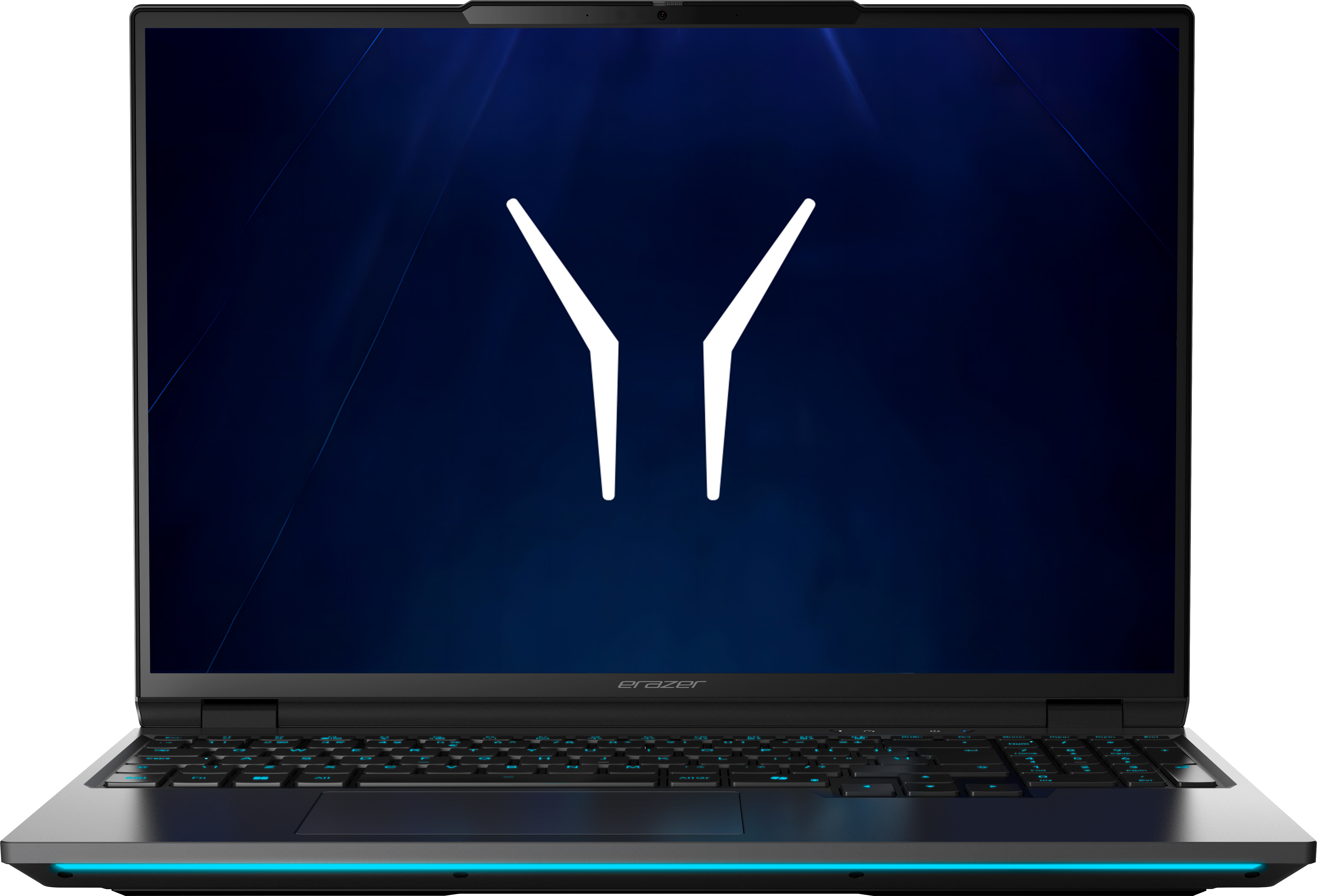 Ein schwarzer Laptop mit blauem Hintergrund und einem weißen Logo. Tastatur beleuchtet.
