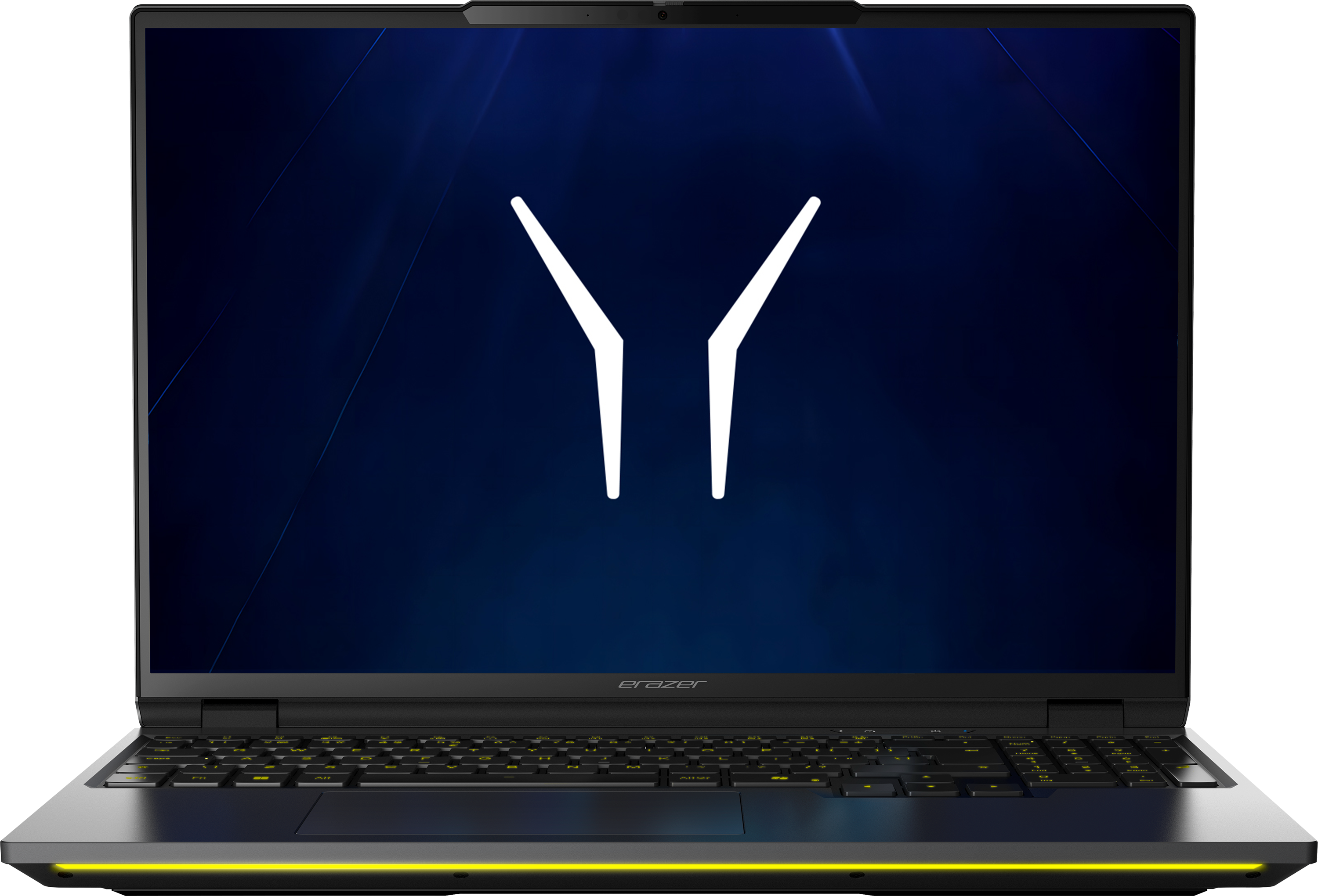 Ein geöffneter Laptop mit blauem Hintergrund und weißem Logo auf dem Bildschirm.