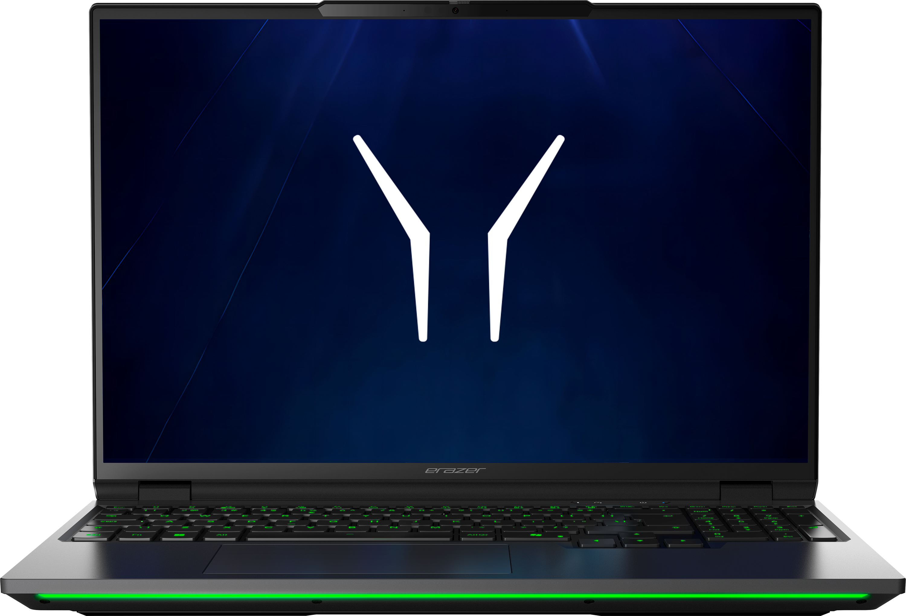 Ein geöffneter Laptop mit blauem Hintergrund und weißem Logo. Grüne Tastatur.