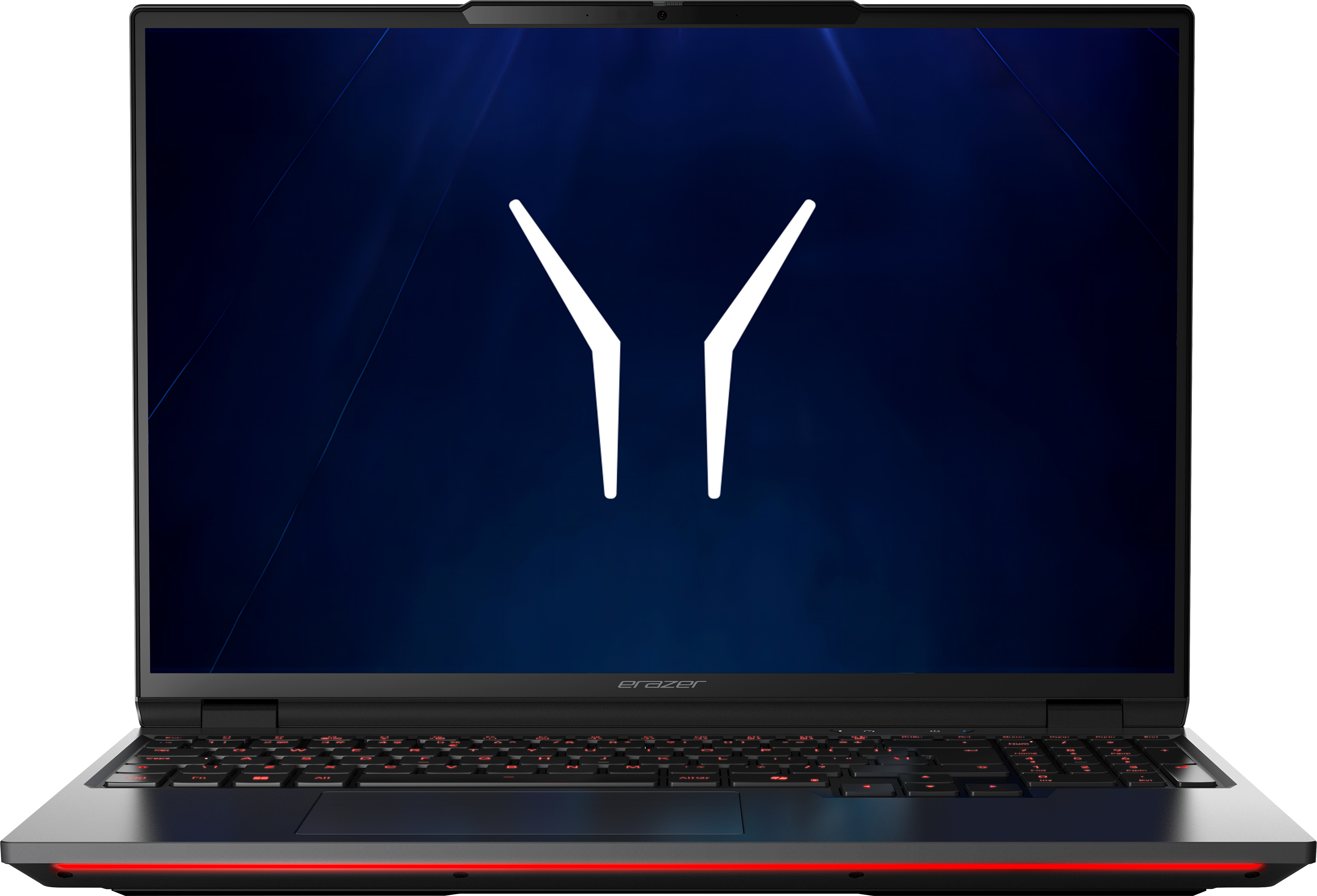 Ein geöffneter Laptop mit beleuchteter Tastatur und blauem Hintergrund.
