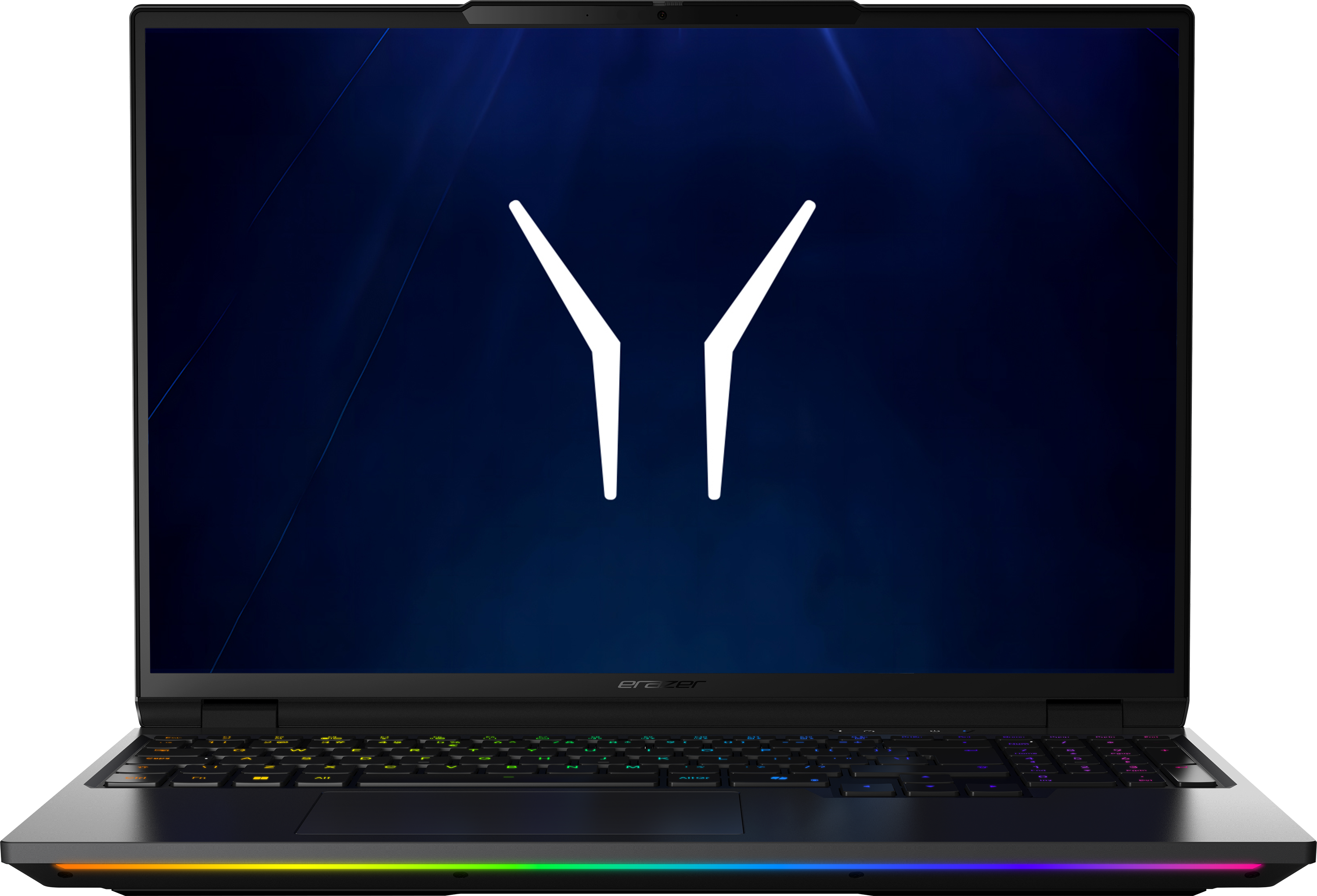 Ein geöffneter Laptop mit einem blauen Hintergrund und einem weißen Logo.