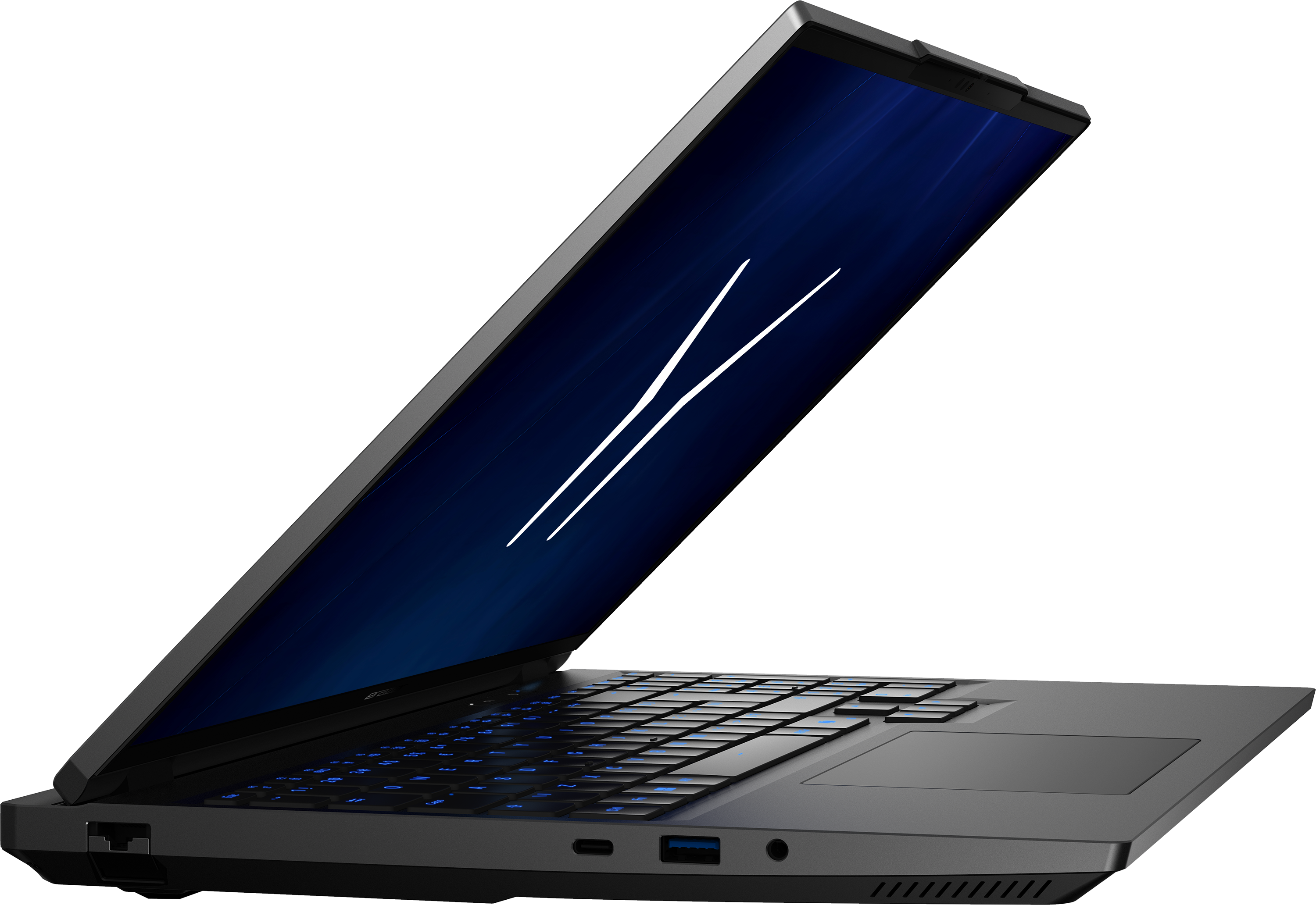 Ein schwarzer Laptop mit beleuchteter Tastatur und blauem Hintergrundbild.