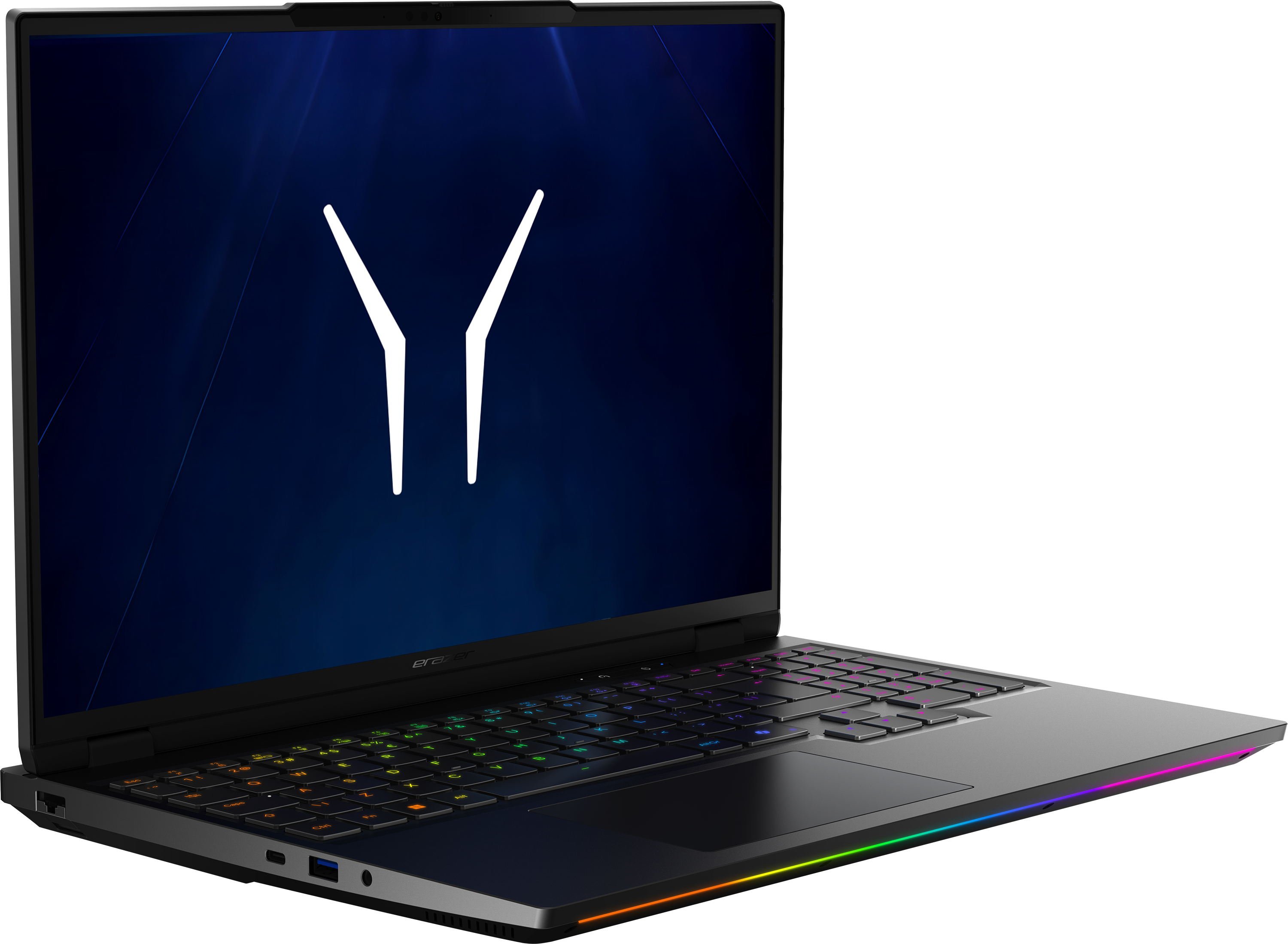 Ein geöffneter Laptop mit beleuchteter Tastatur und einem blauen Hintergrund mit einem weißen Y-Symbol.