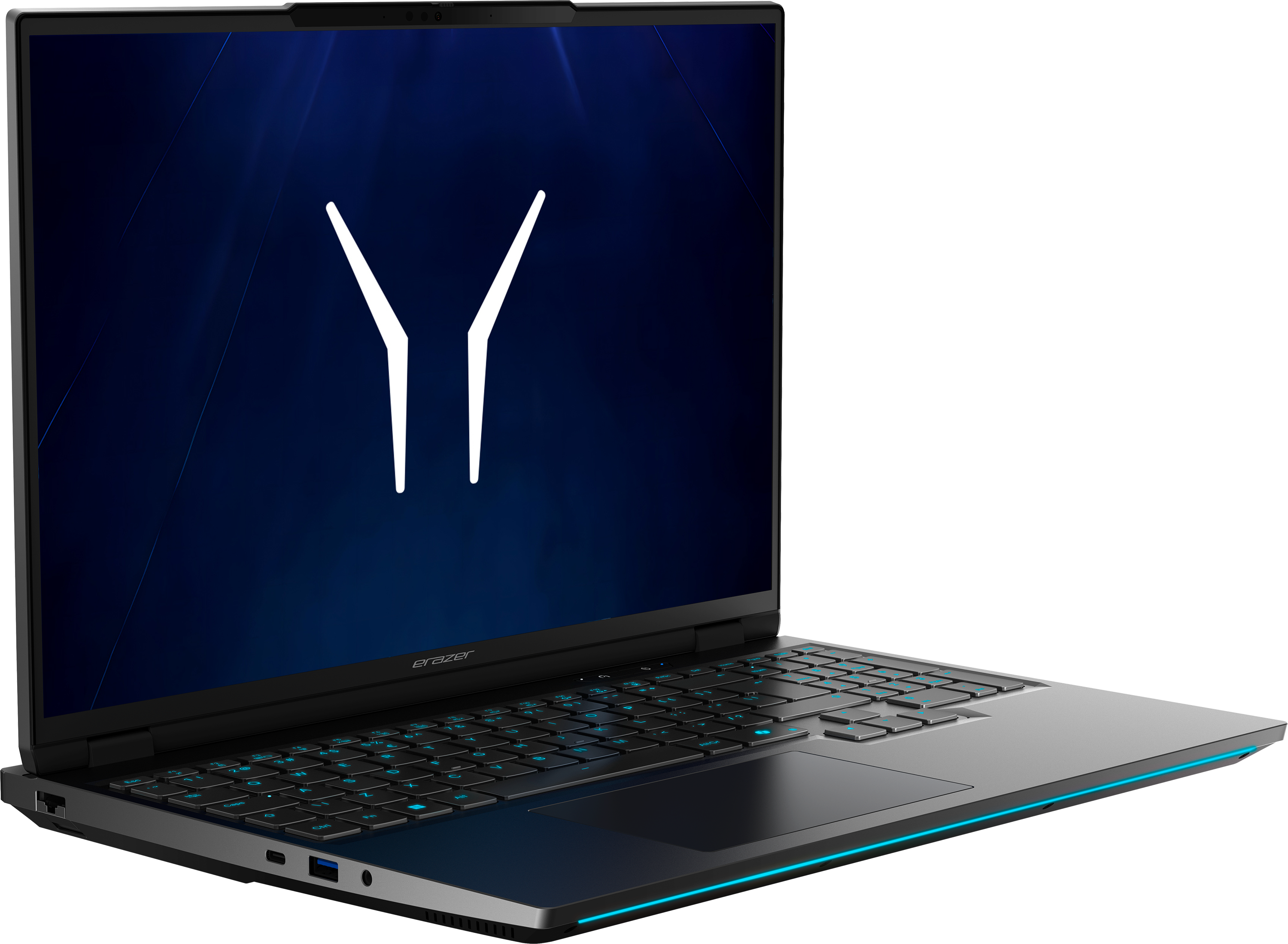 Ein offener Laptop mit blauem Hintergrund und weißem Logo. Blaue Tastaturbeleuchtung.