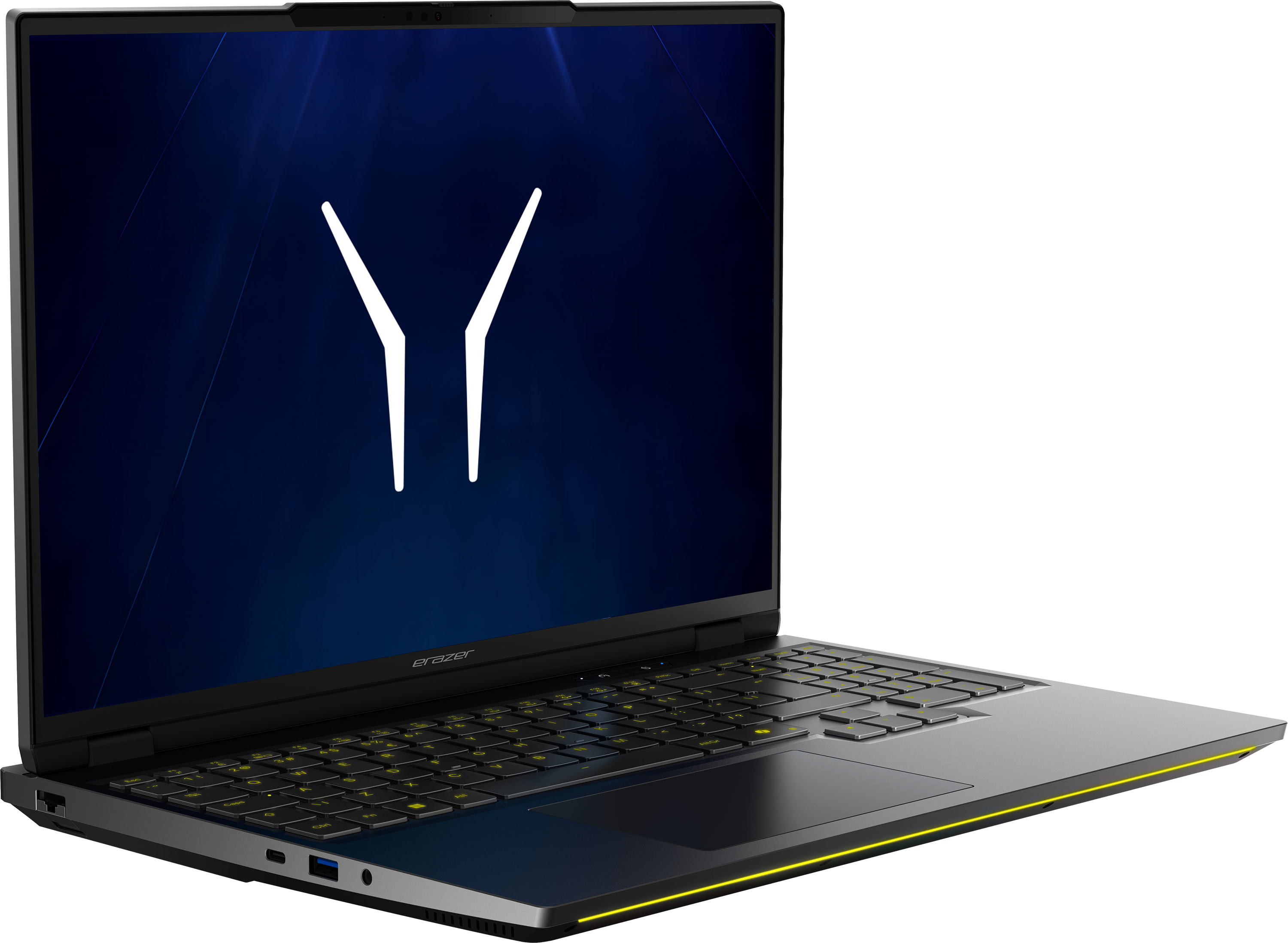 Ein schwarzer Laptop mit gelber Akzentbeleuchtung, der auf einem dunklen Hintergrund geöffnet ist.