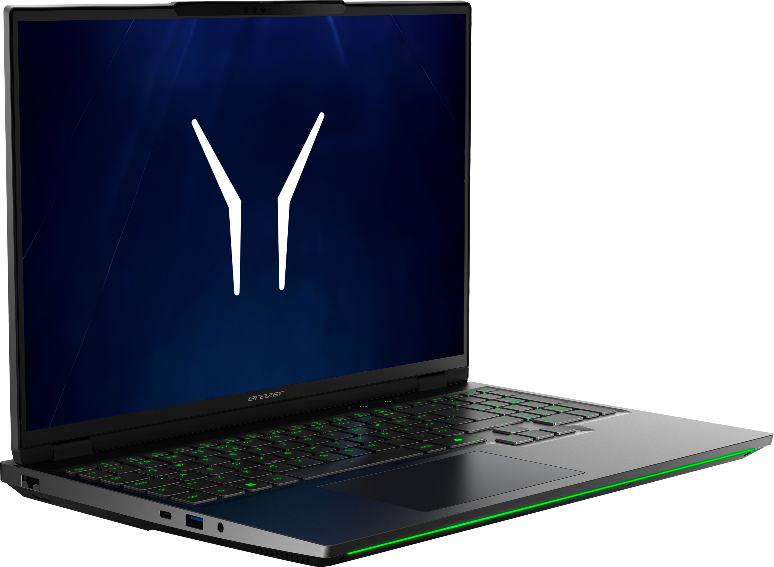 Ein geöffneter Gaming-Laptop mit beleuchteter Tastatur und einem Logo auf dem Bildschirm.