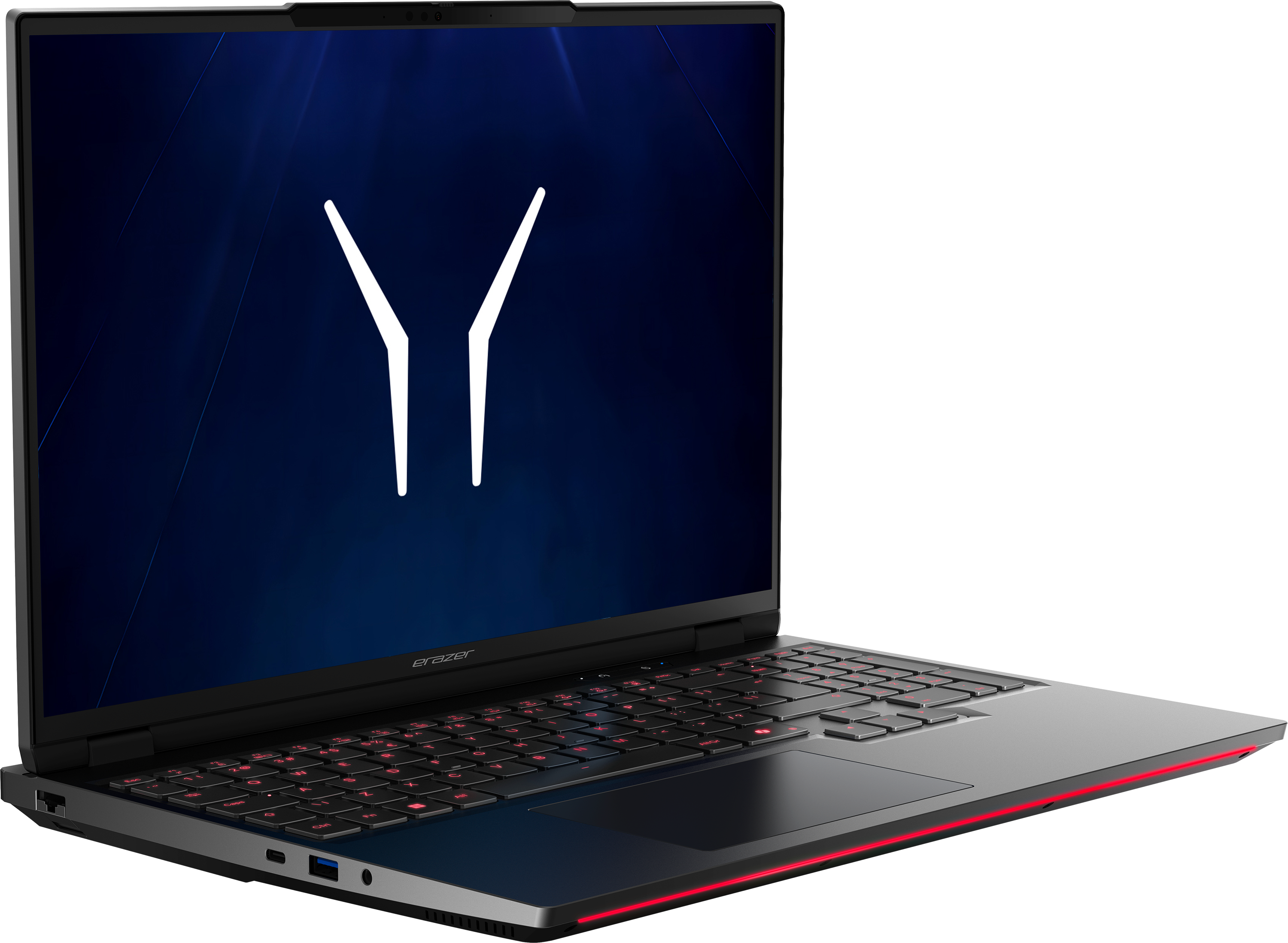 Ein dunkler Laptop mit roter Tastaturbeleuchtung und einem weißen Logo auf dem dunklen Bildschirm.