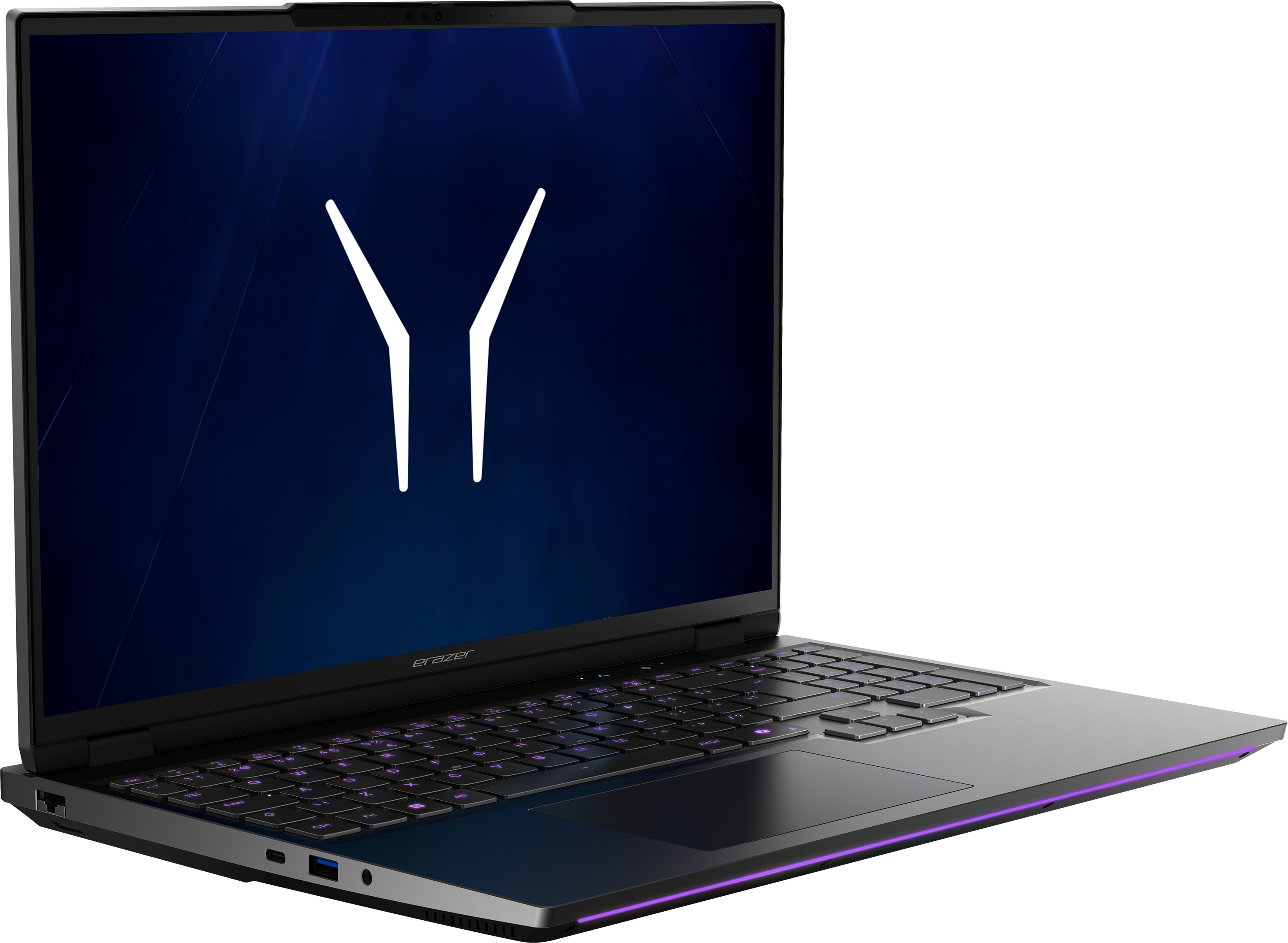 Ein geöffneter Laptop mit beleuchteter Tastatur und einem weißen Y-Logo auf dem dunklen Bildschirm.