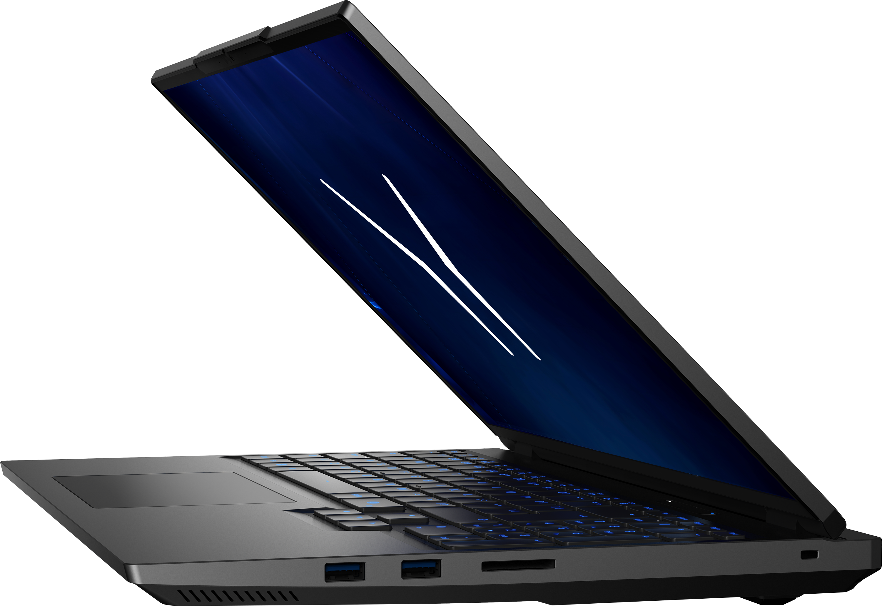 Ein aufgeschlagener Laptop mit blau beleuchteter Tastatur und dunklem Bildschirm.