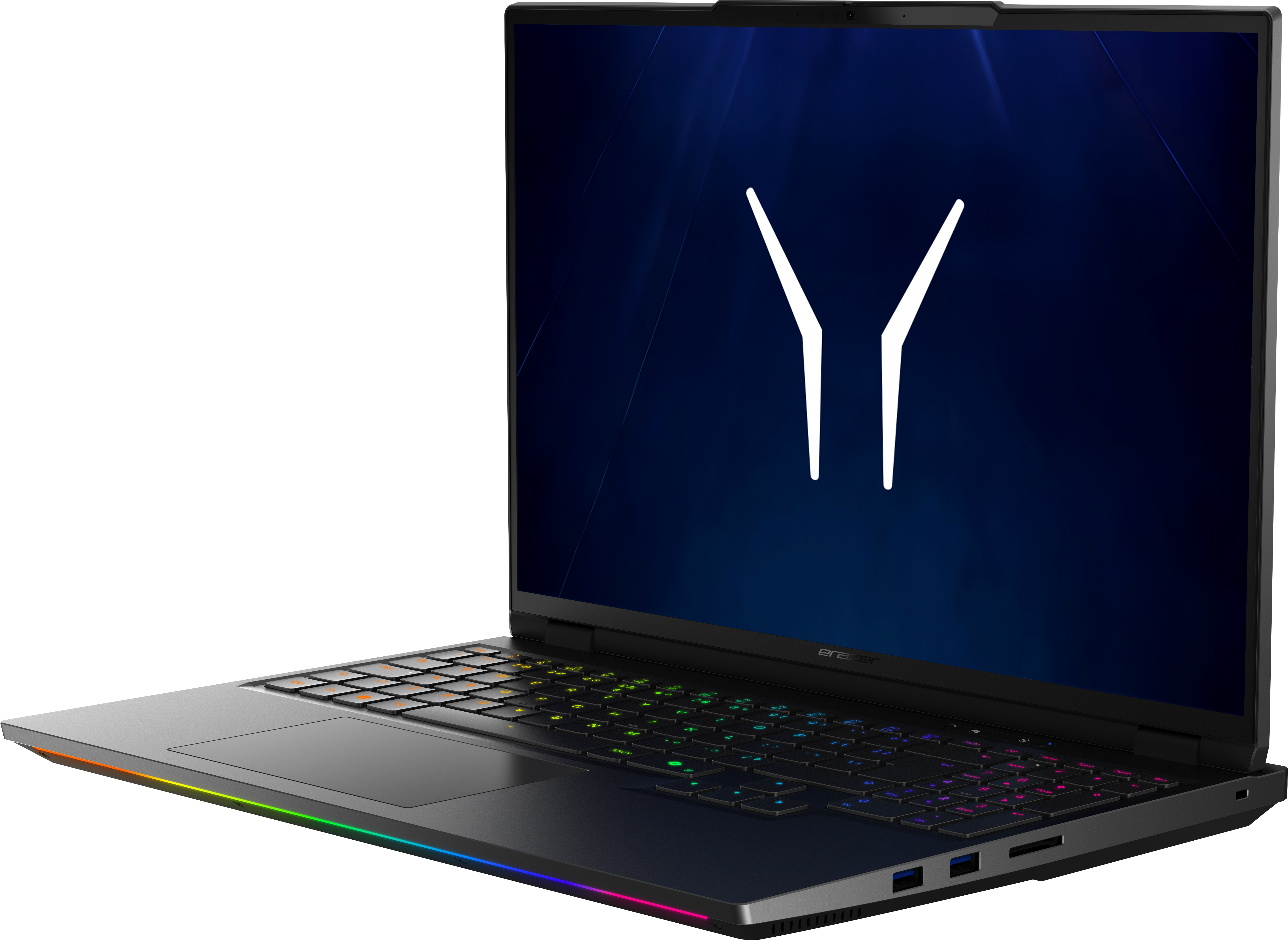 Ein geöffneter Laptop mit beleuchteter Tastatur und einem Y-Logo auf dem dunklen Bildschirm.