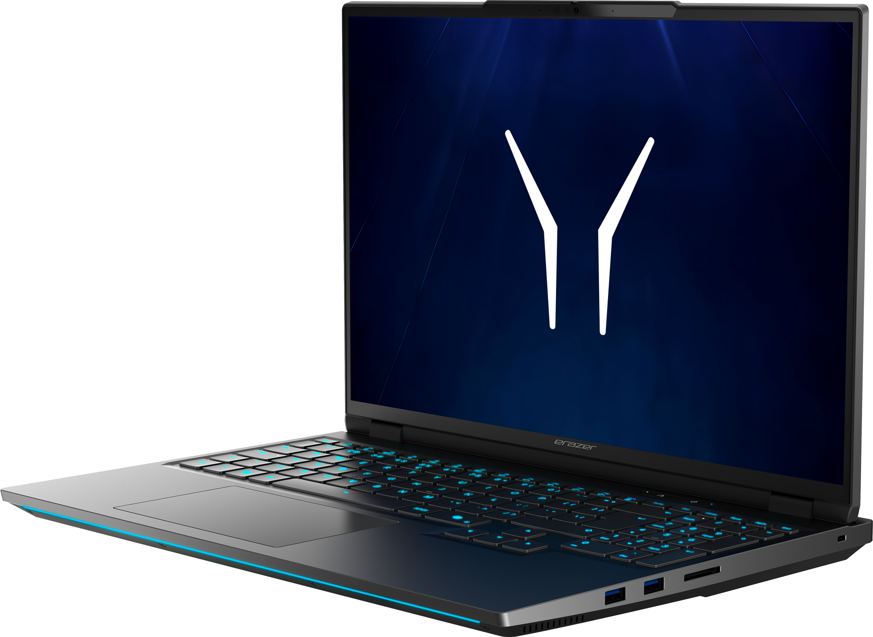 Ein geöffneter Laptop mit blau beleuchteter Tastatur und Logo auf dem Bildschirm.
