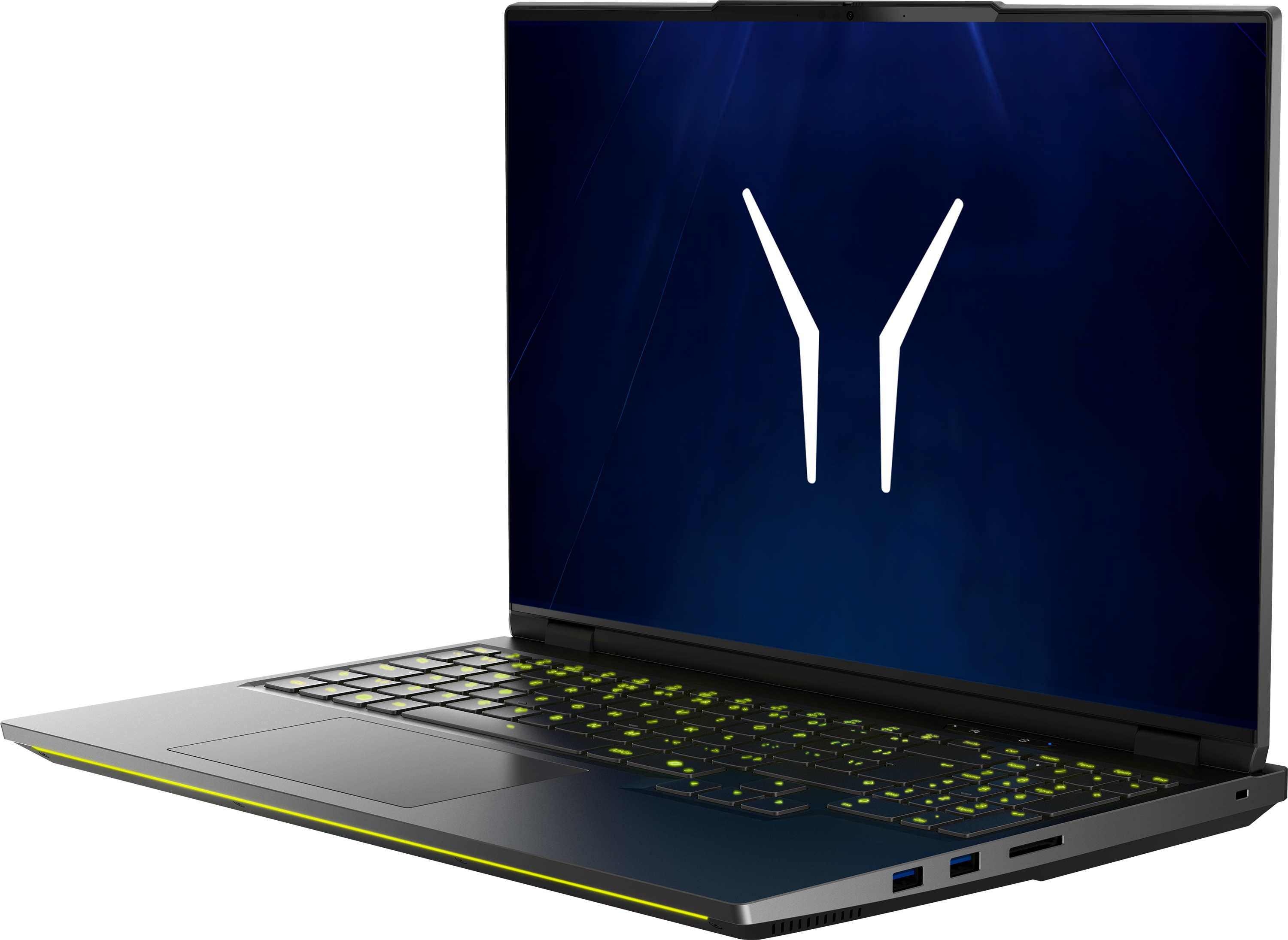 Ein geöffneter Laptop mit blauem Hintergrund und weißem Logo auf dem Bildschirm.