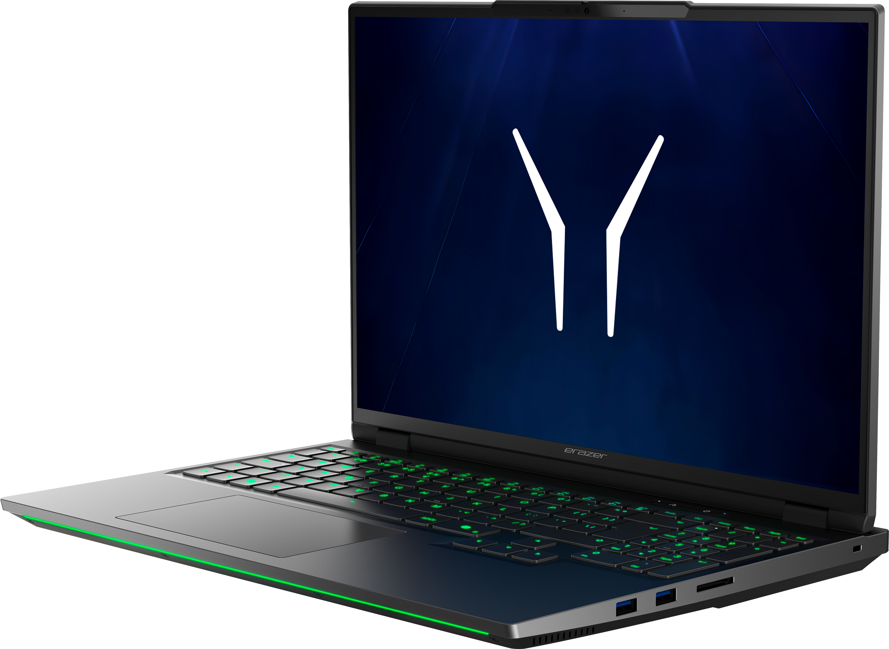 Ein geöffneter Laptop mit leuchtend grüner Tastatur und blauem Bildschirm.